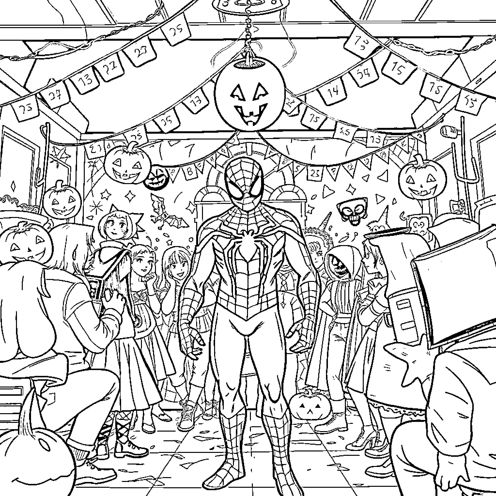Spider-Man Celebrates Halloween with Costumed Friends Coloring Page (free black-and-white line drawing printable PDF for all, from beginners to advanced learners, including children, teens, adults, and seniors)
