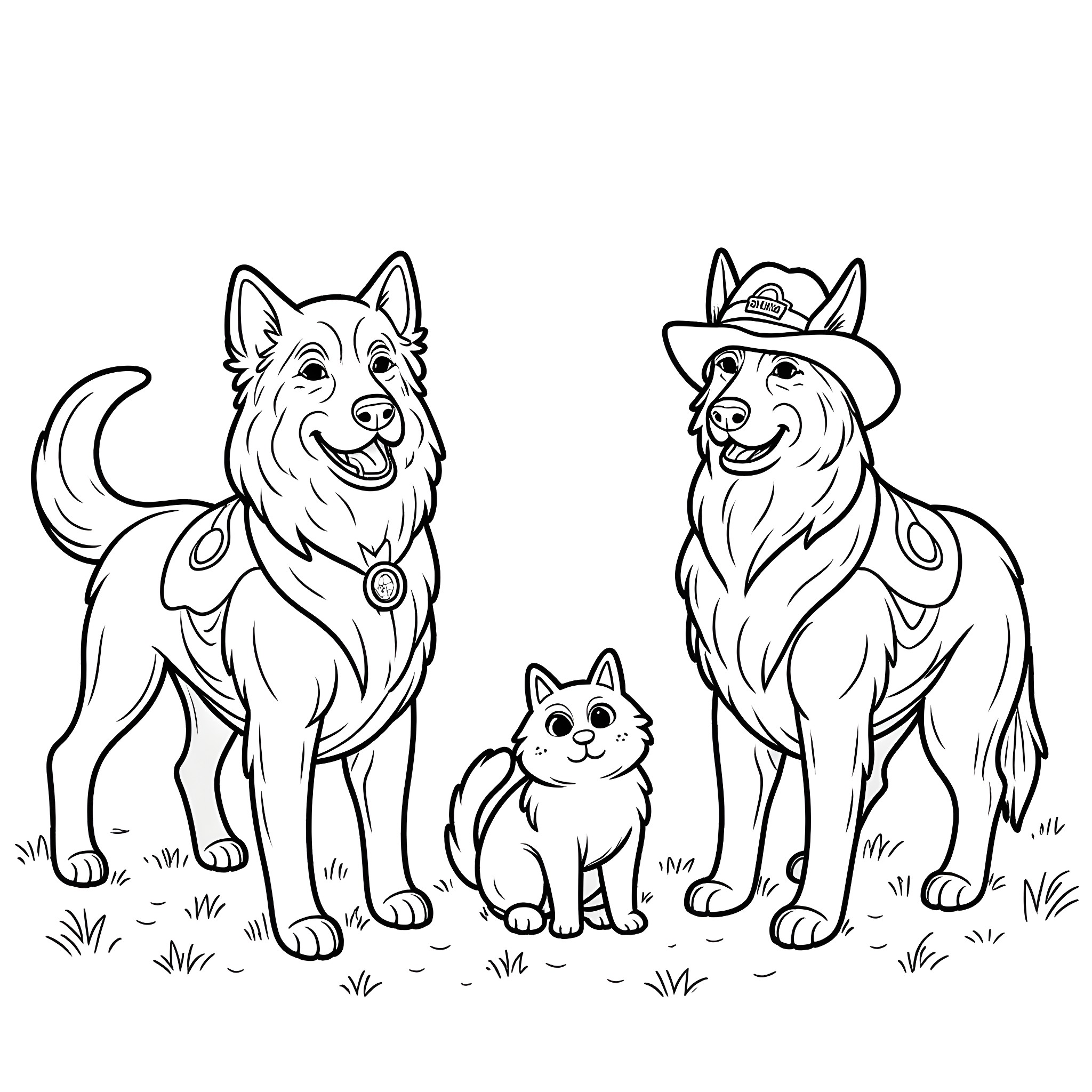 Border Collie Family Having Fun Outdoors Coloring Page (free black-and-white line drawing printable PDF for all, from beginners to advanced learners, including children, teens, adults, and seniors)