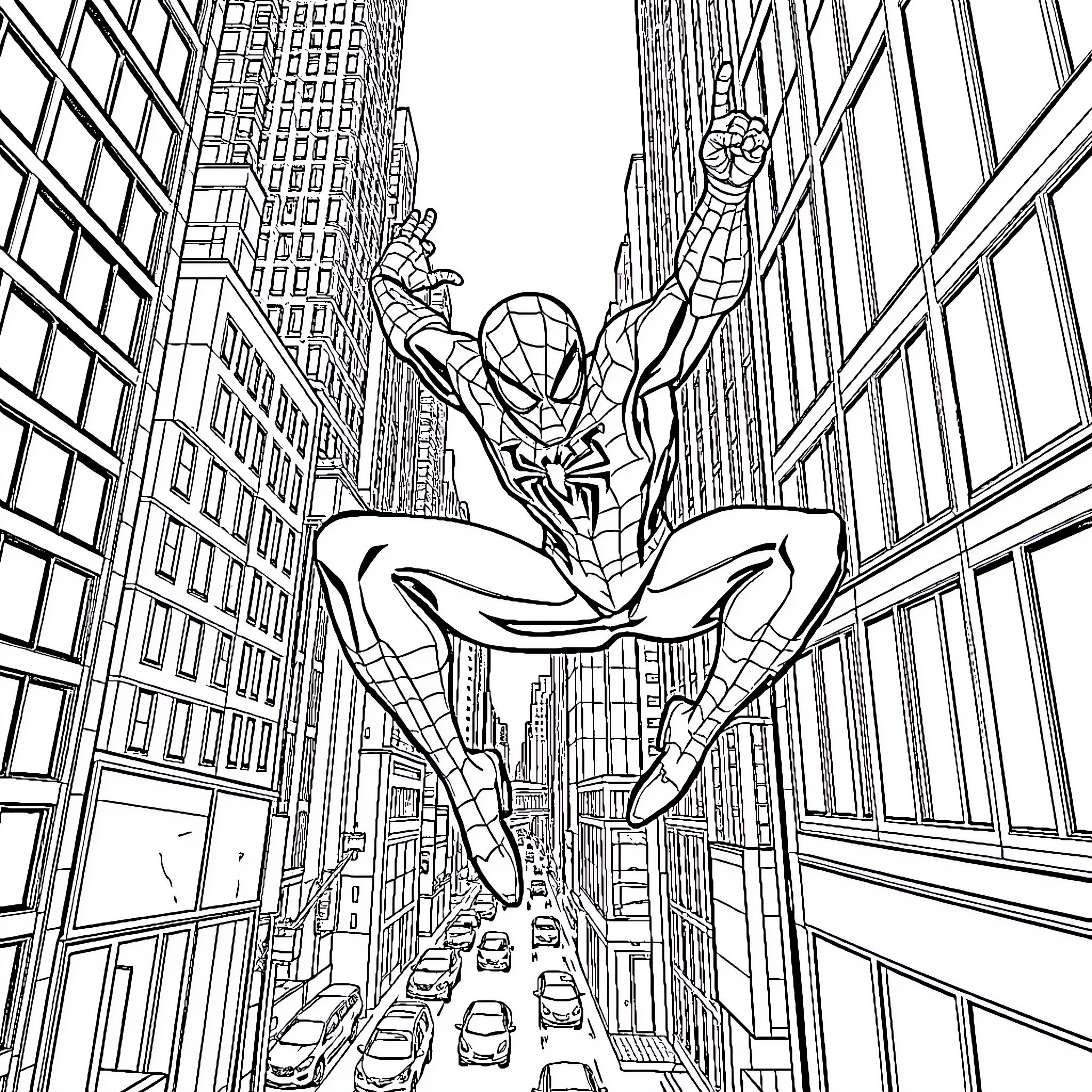 Spider hero swinging through the city streets Coloring Page (free black-and-white line drawing printable PDF for all, from beginners to advanced learners, including children, teens, adults, and seniors)