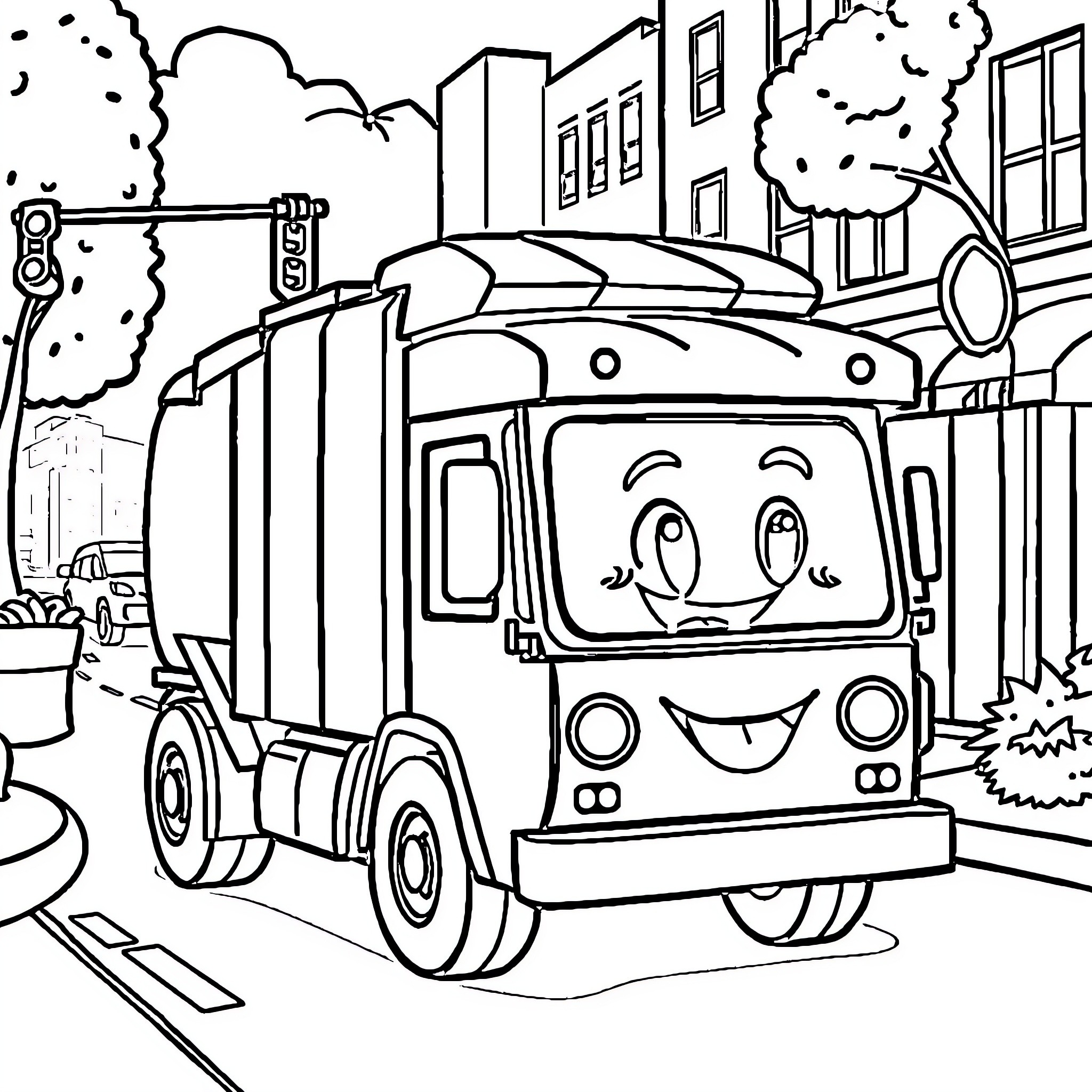 Trash Truck Collecting Garbage on City Street Coloring Page (free black-and-white line drawing printable PDF for all, from beginners to advanced learners, including children, teens, adults, and seniors)