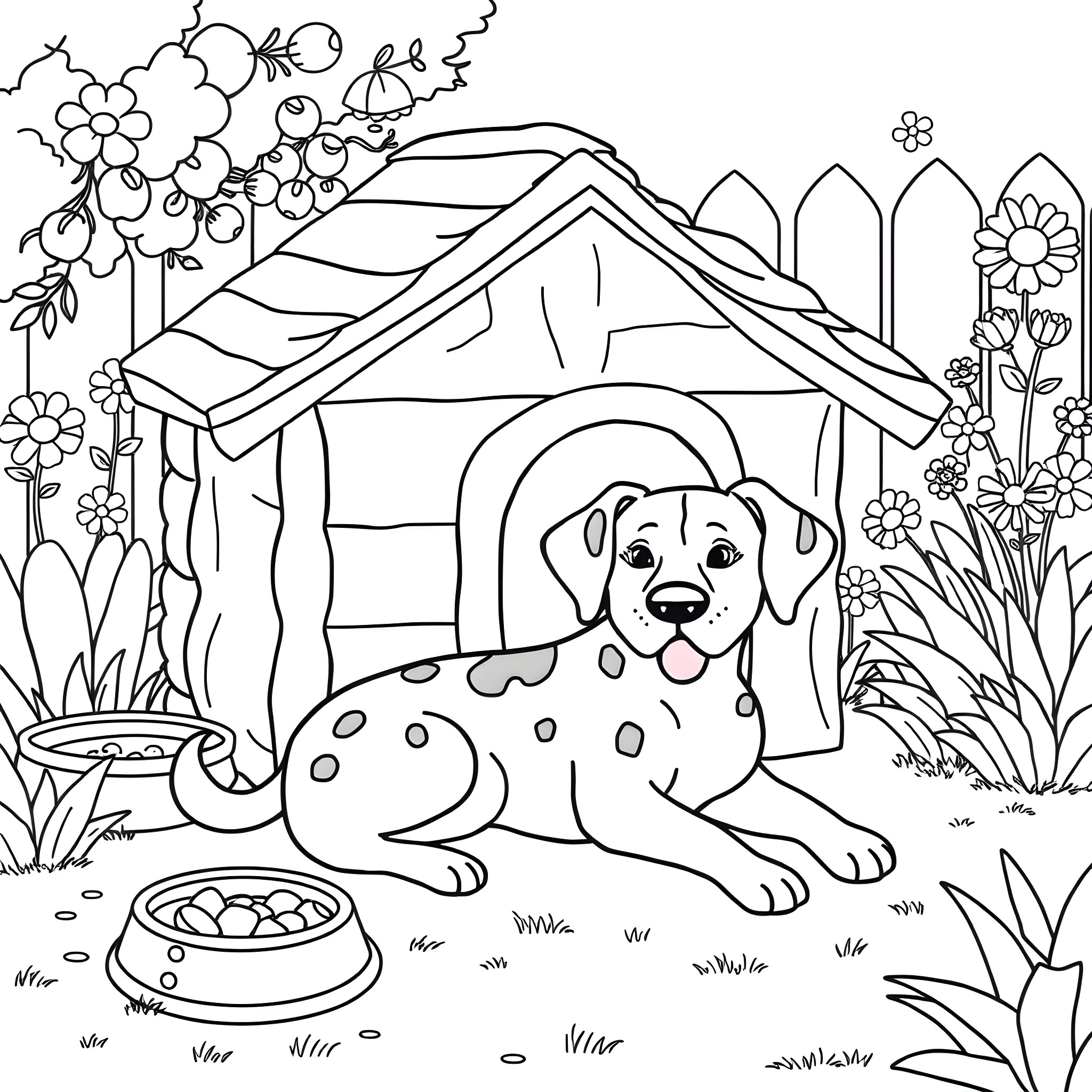 Dog enjoying a sunny day in the garden Coloring Page (free black-and-white line drawing printable PDF for all, from beginners to advanced learners, including children, teens, adults, and seniors)