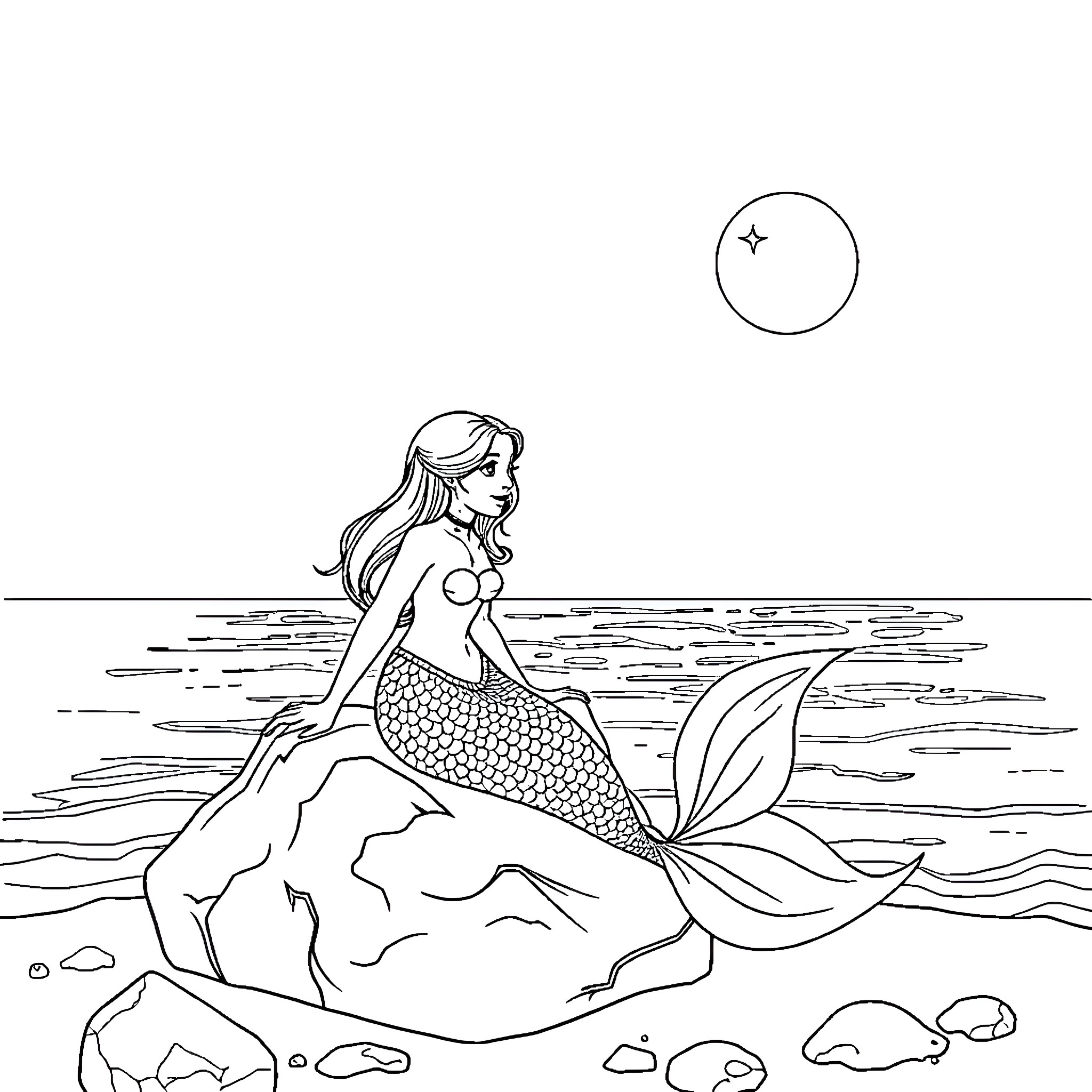 Mermaid resting on a rock under the starry night sky Coloring Page (free black-and-white line drawing printable PDF for all, from beginners to advanced learners, including children, teens, adults, and seniors)