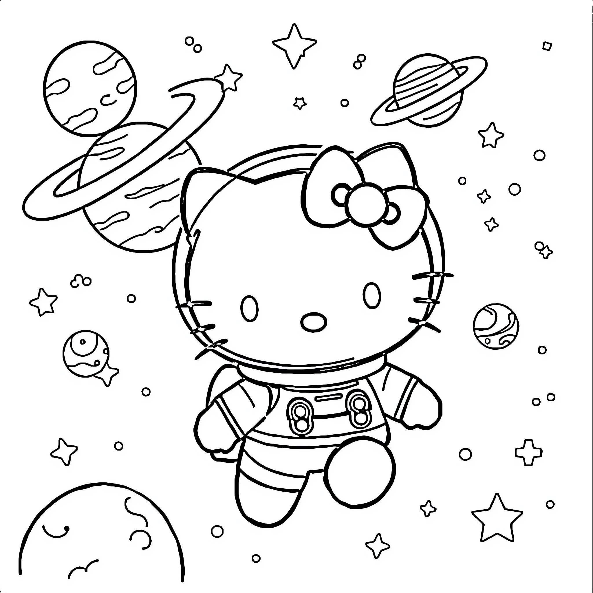 Hello Kitty explores the cosmos Coloring Page (free black-and-white line drawing printable PDF for all, from beginners to advanced learners, including children, teens, adults, and seniors)