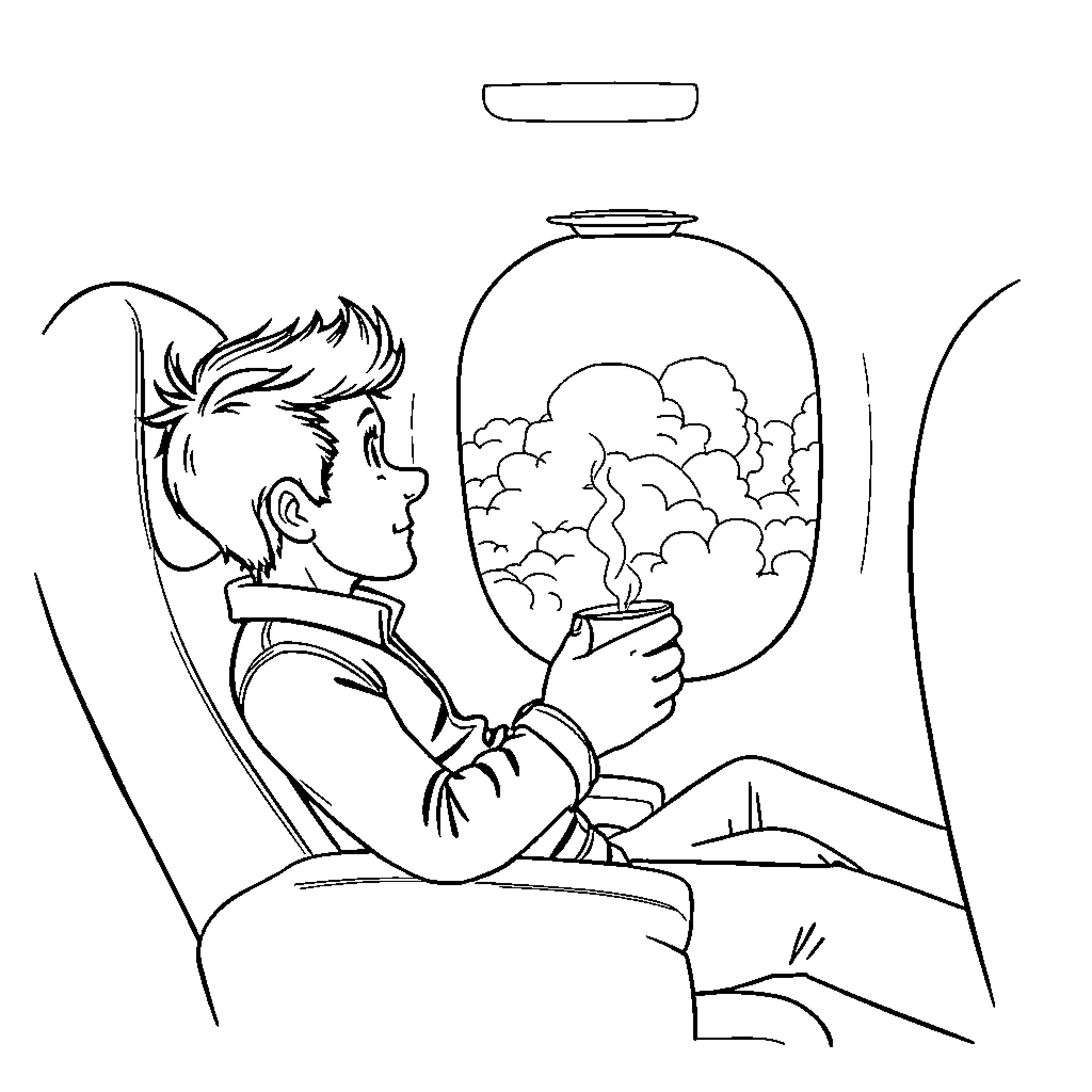 Tom Holland enjoying a scenic view through the window Coloring Page (free black-and-white line drawing printable PDF for all, from beginners to advanced learners, including children, teens, adults, and seniors)
