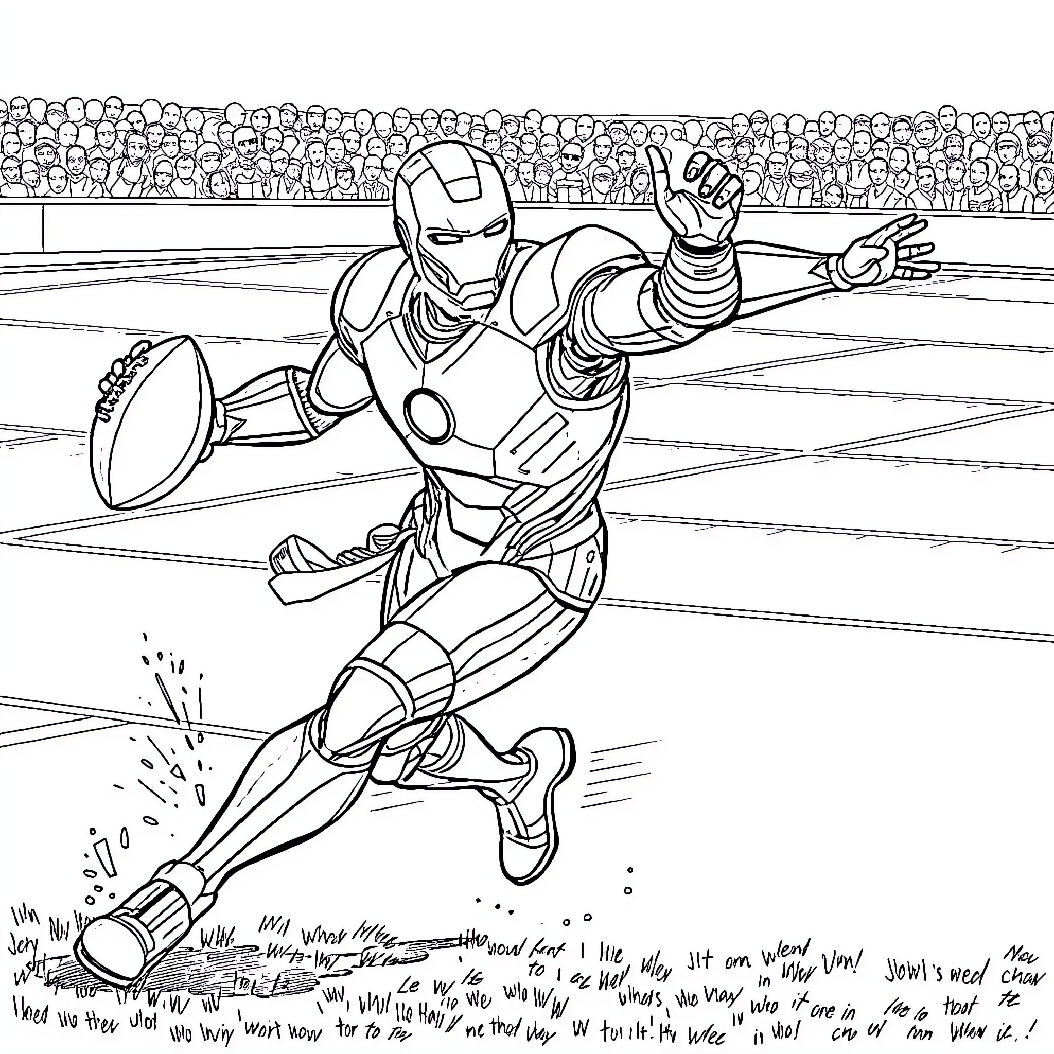 Iron Man in an Intense Football Game Coloring Page (free black-and-white line drawing printable PDF for all, from beginners to advanced learners, including children, teens, adults, and seniors)