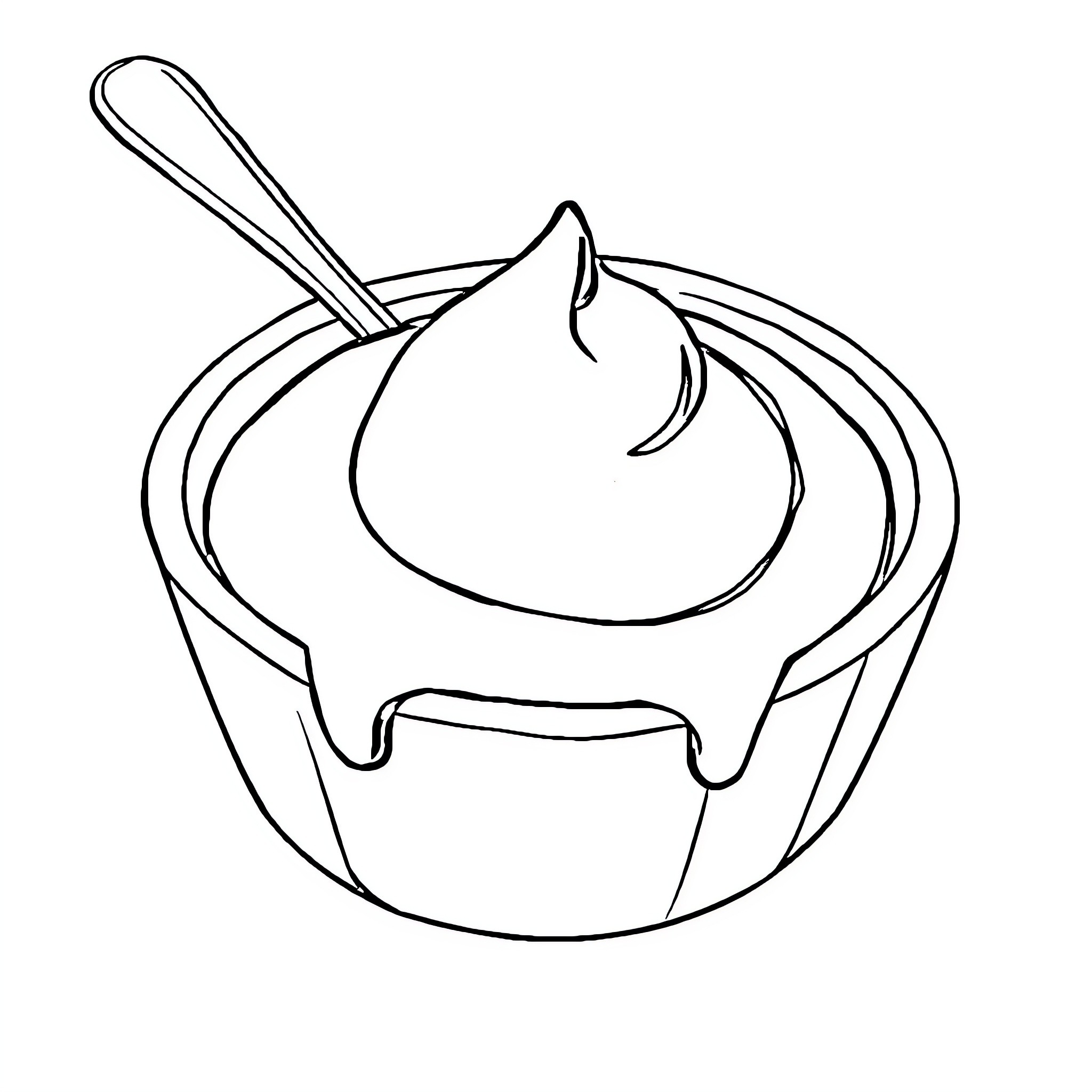 Chocolate Pudding with whipped topping and spoon Coloring Page (free black-and-white line drawing printable PDF for all, from beginners to advanced learners, including children, teens, adults, and seniors)