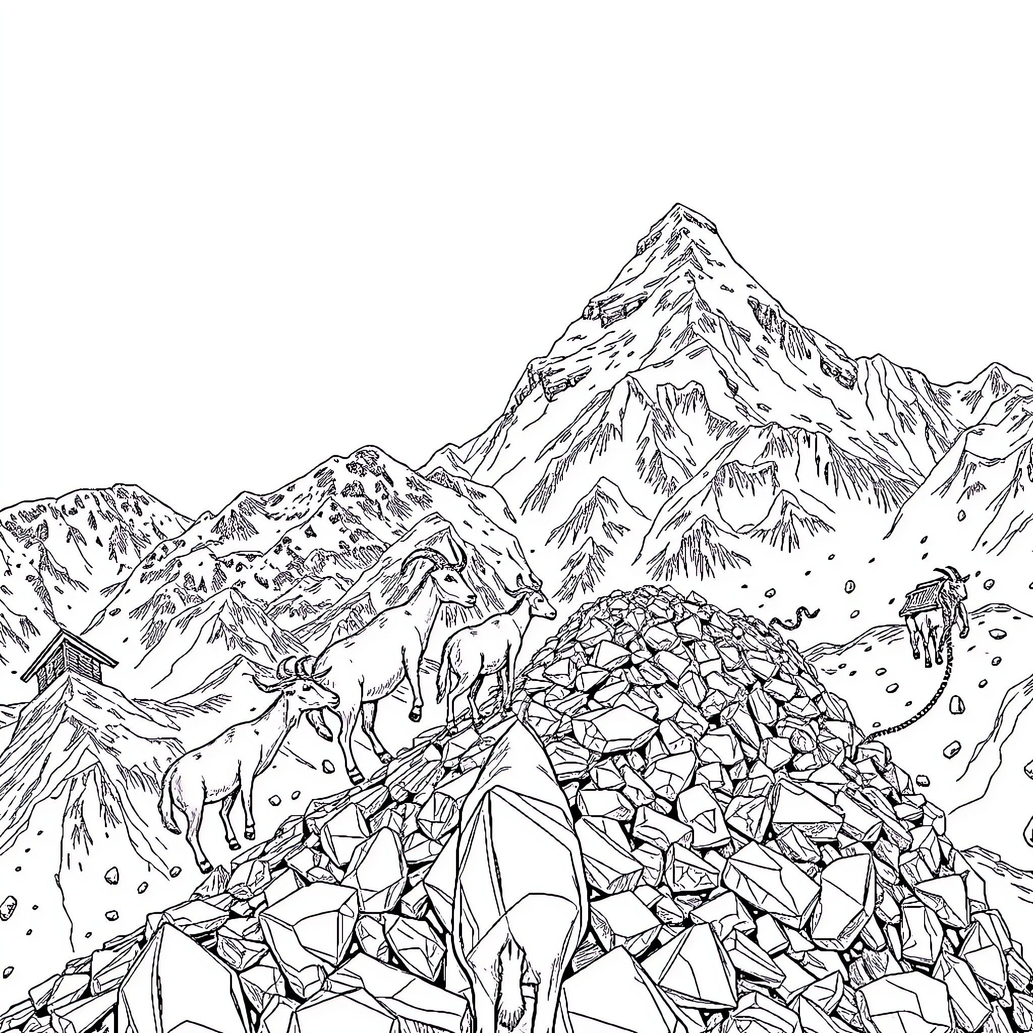 Goats grazing peacefully in the mountainous landscape Coloring Page (free black-and-white line drawing printable PDF for all, from beginners to advanced learners, including children, teens, adults, and seniors)