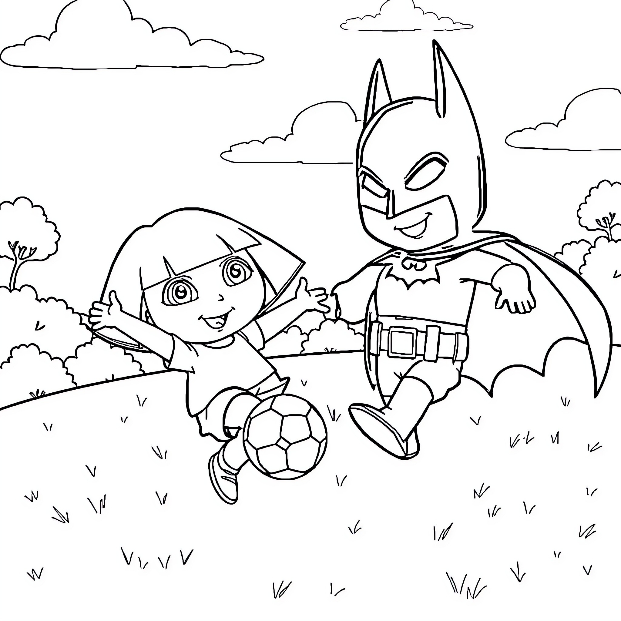 Dora and Batman playing soccer in the park Coloring Page (free black-and-white line drawing printable PDF for all, from beginners to advanced learners, including children, teens, adults, and seniors)
