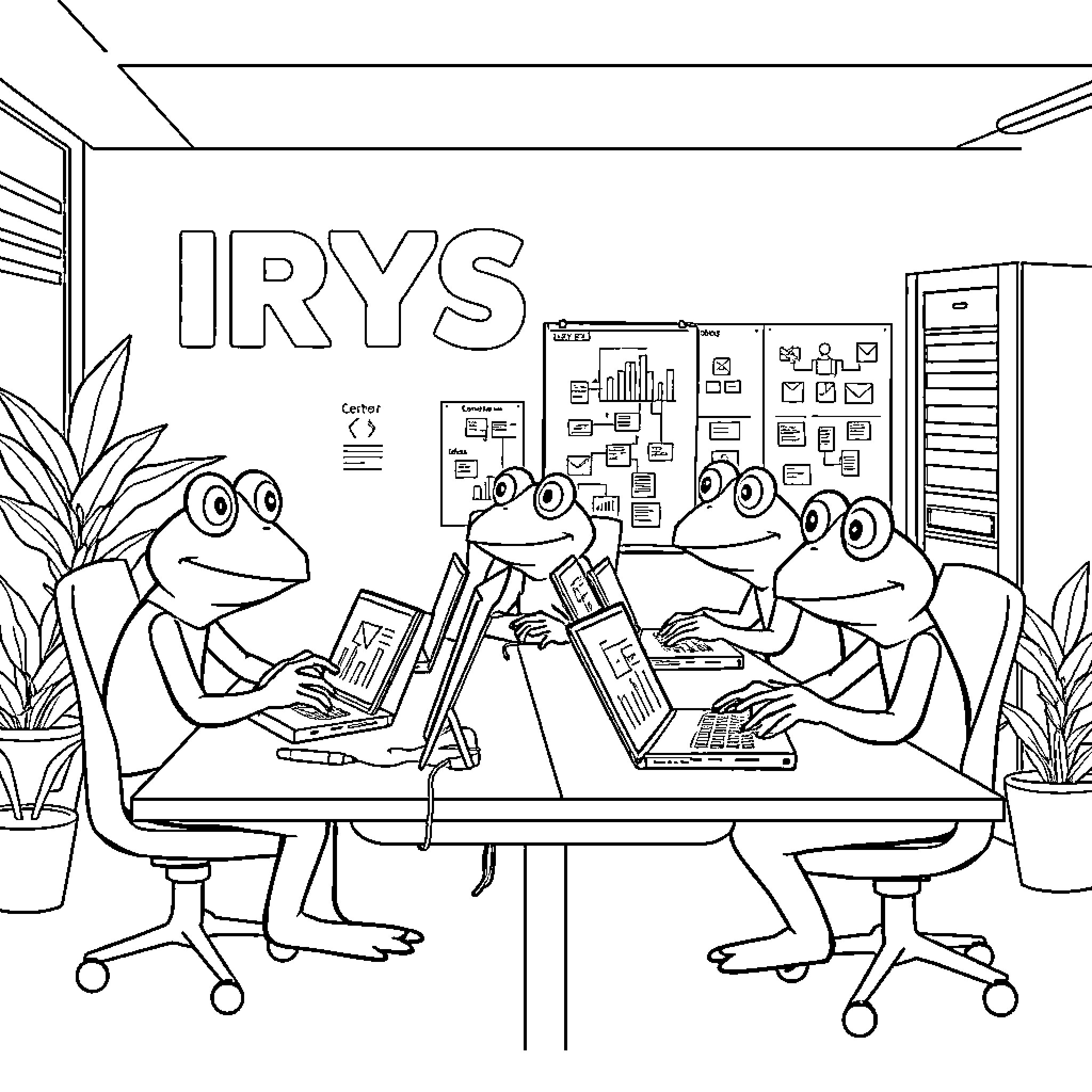 Pepe frogs working together in office setting Coloring Page (free black-and-white line drawing printable PDF for all, from beginners to advanced learners, including children, teens, adults, and seniors)