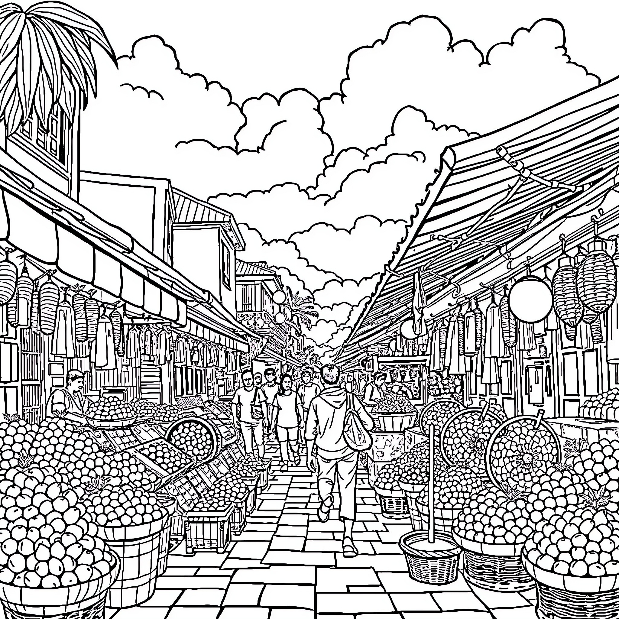 Jerapag Bustling Market Scene with Crowds and Stalls Coloring Page (free black-and-white line drawing printable PDF for all, from beginners to advanced learners, including children, teens, adults, and seniors)