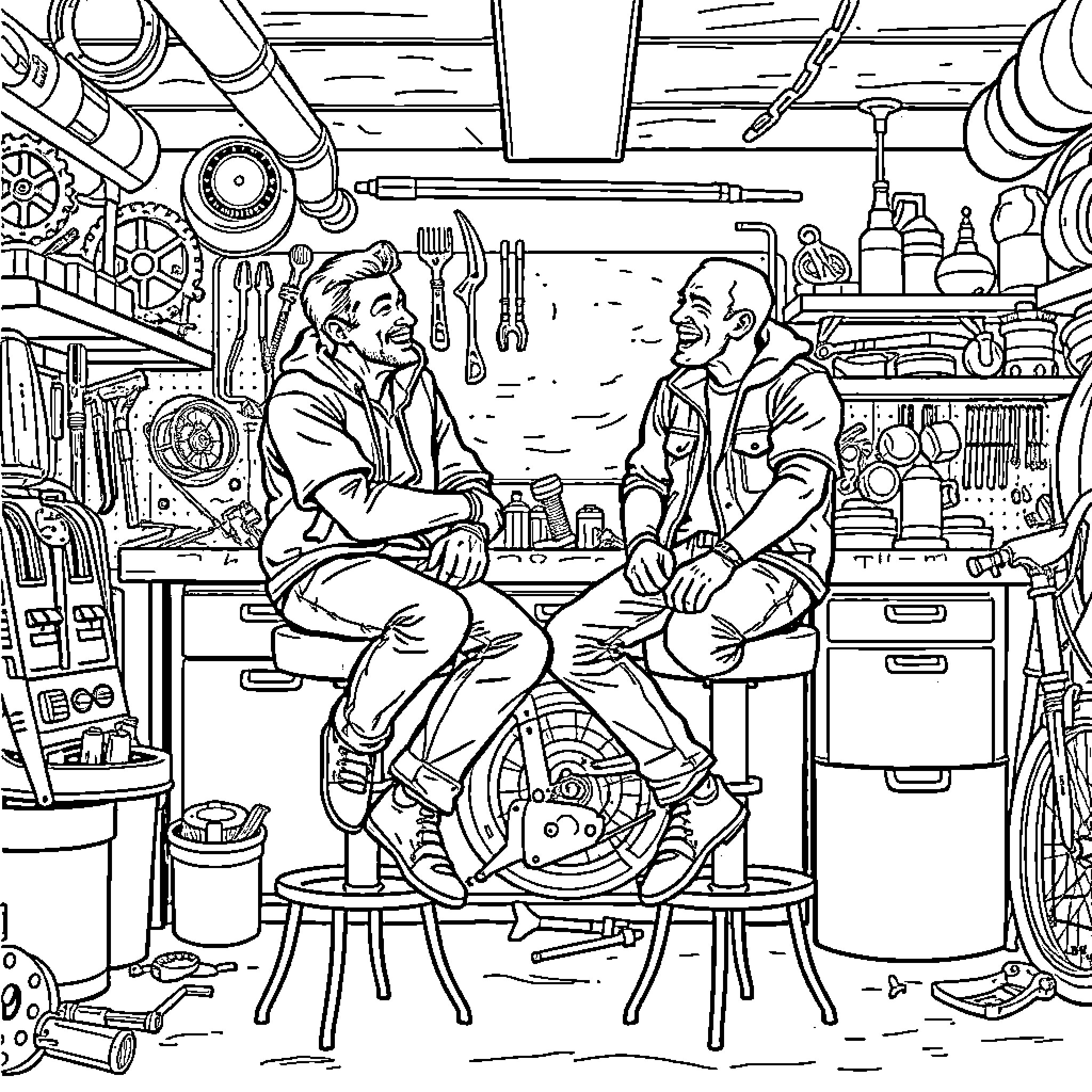 Guy Mechanics Discussing Auto Repairs in Workshop Coloring Page (free black-and-white line drawing printable PDF for all, from beginners to advanced learners, including children, teens, adults, and seniors)