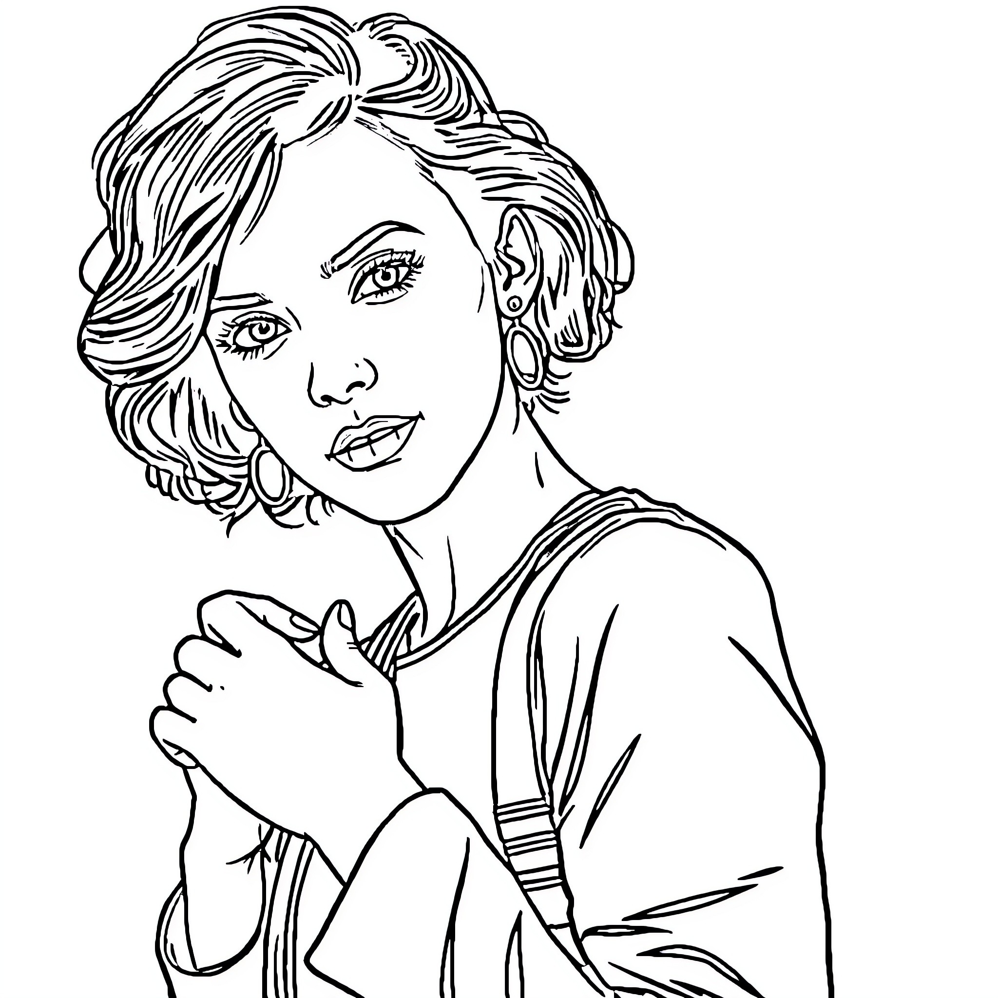 Emma Watson in thoughtful pose Coloring Page (free black-and-white line drawing printable PDF for all, from beginners to advanced learners, including children, teens, adults, and seniors)