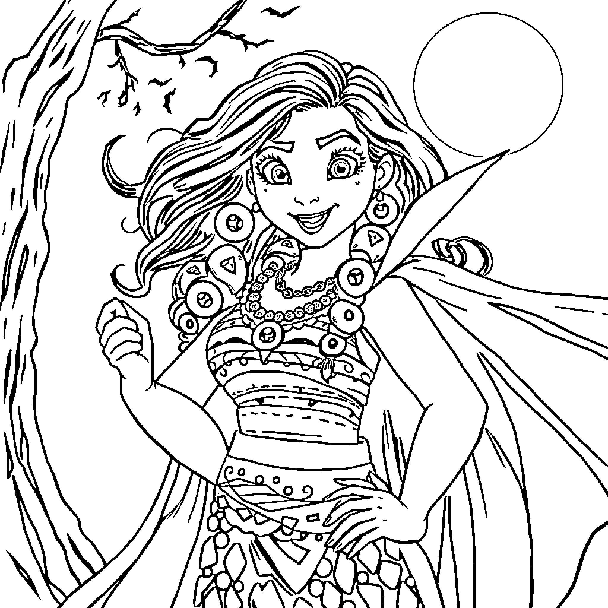 Moana enjoying the moonlit night with nature Coloring Page (free black-and-white line drawing printable PDF for all, from beginners to advanced learners, including children, teens, adults, and seniors)