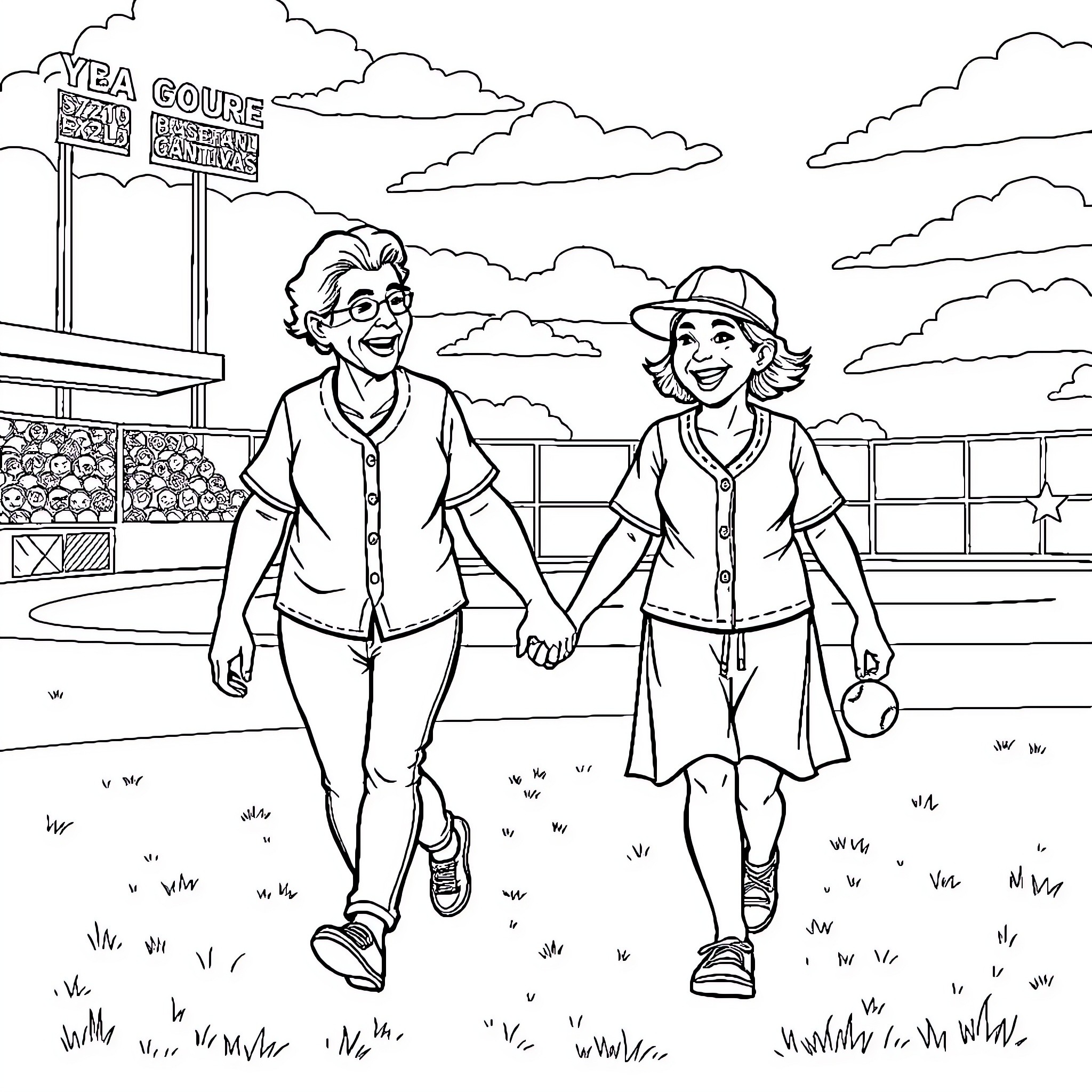 Grandma and Granddaughter Enjoying a Day Out Coloring Page (free black-and-white line drawing printable PDF for all, from beginners to advanced learners, including children, teens, adults, and seniors)