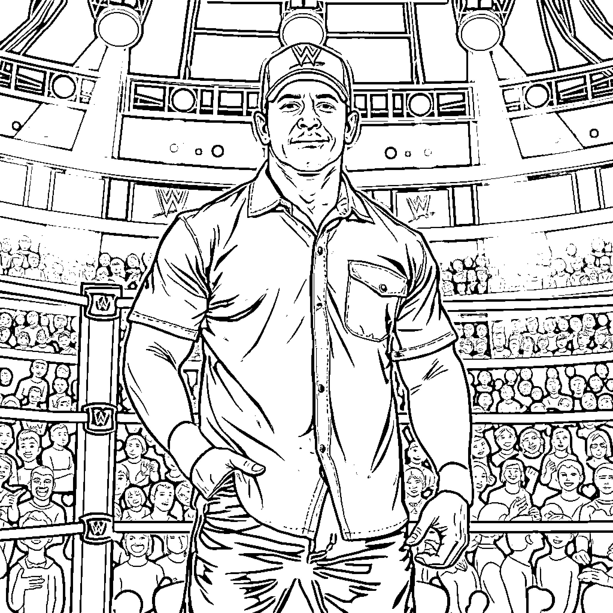 John Cena standing confidently in the wrestling ring Coloring Page (free black-and-white line drawing printable PDF for all, from beginners to advanced learners, including children, teens, adults, and seniors)