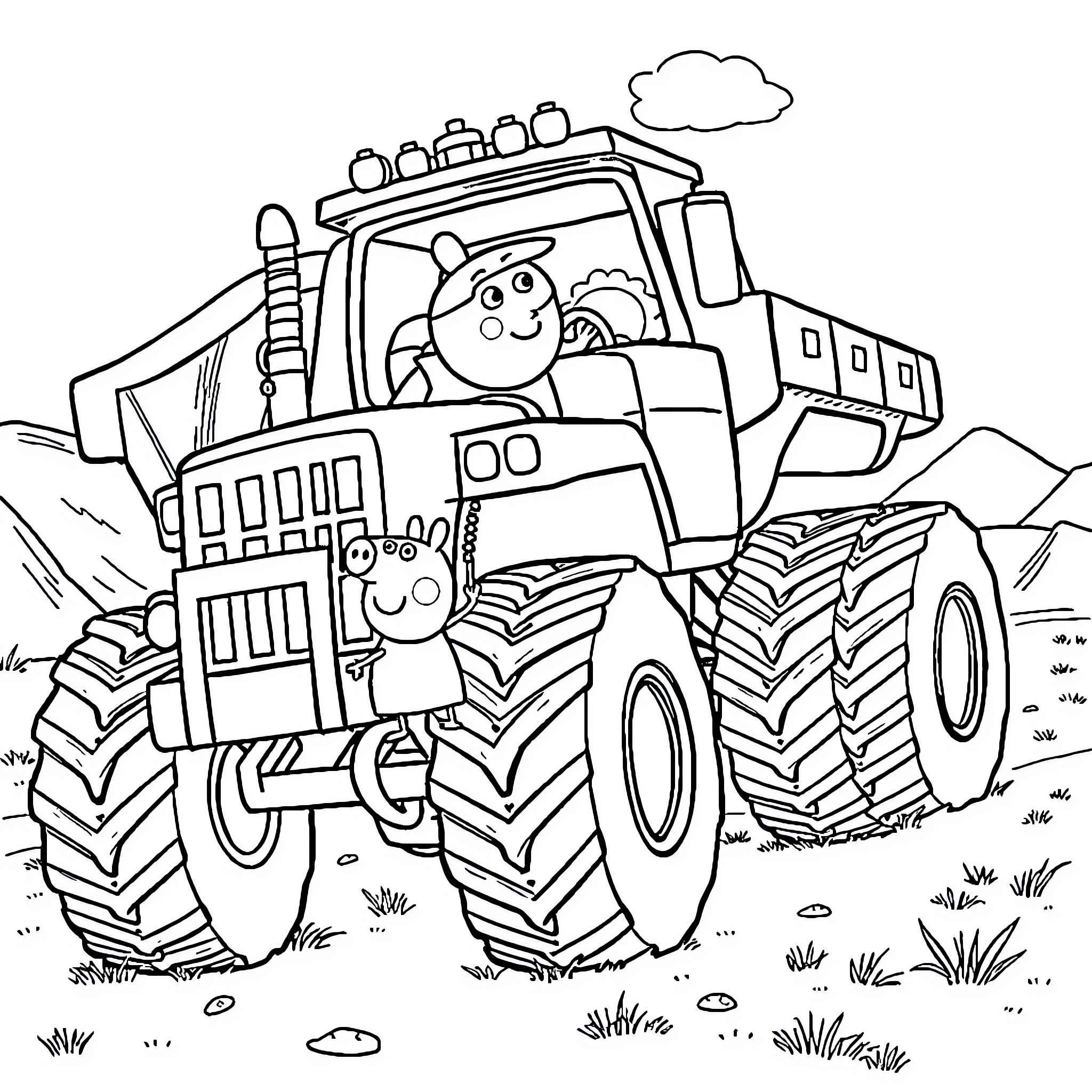 Gravedigger operating large agricultural tractor in the field Coloring Page (free black-and-white line drawing printable PDF for all, from beginners to advanced learners, including children, teens, adults, and seniors)
