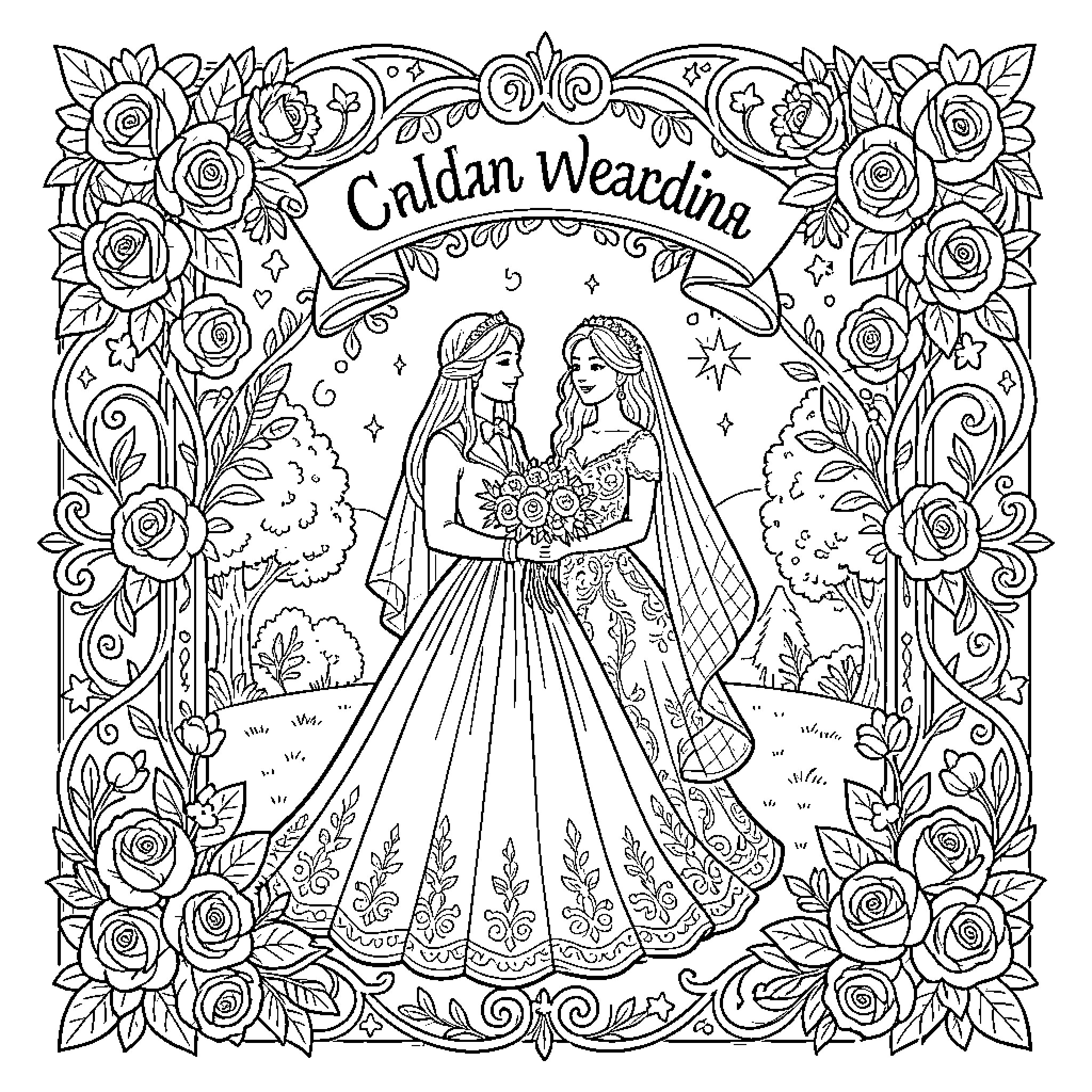Wedding Card - Two Brides in Ornate Floral Frame Coloring Page (free black-and-white line drawing printable PDF for all, from beginners to advanced learners, including children, teens, adults, and seniors)