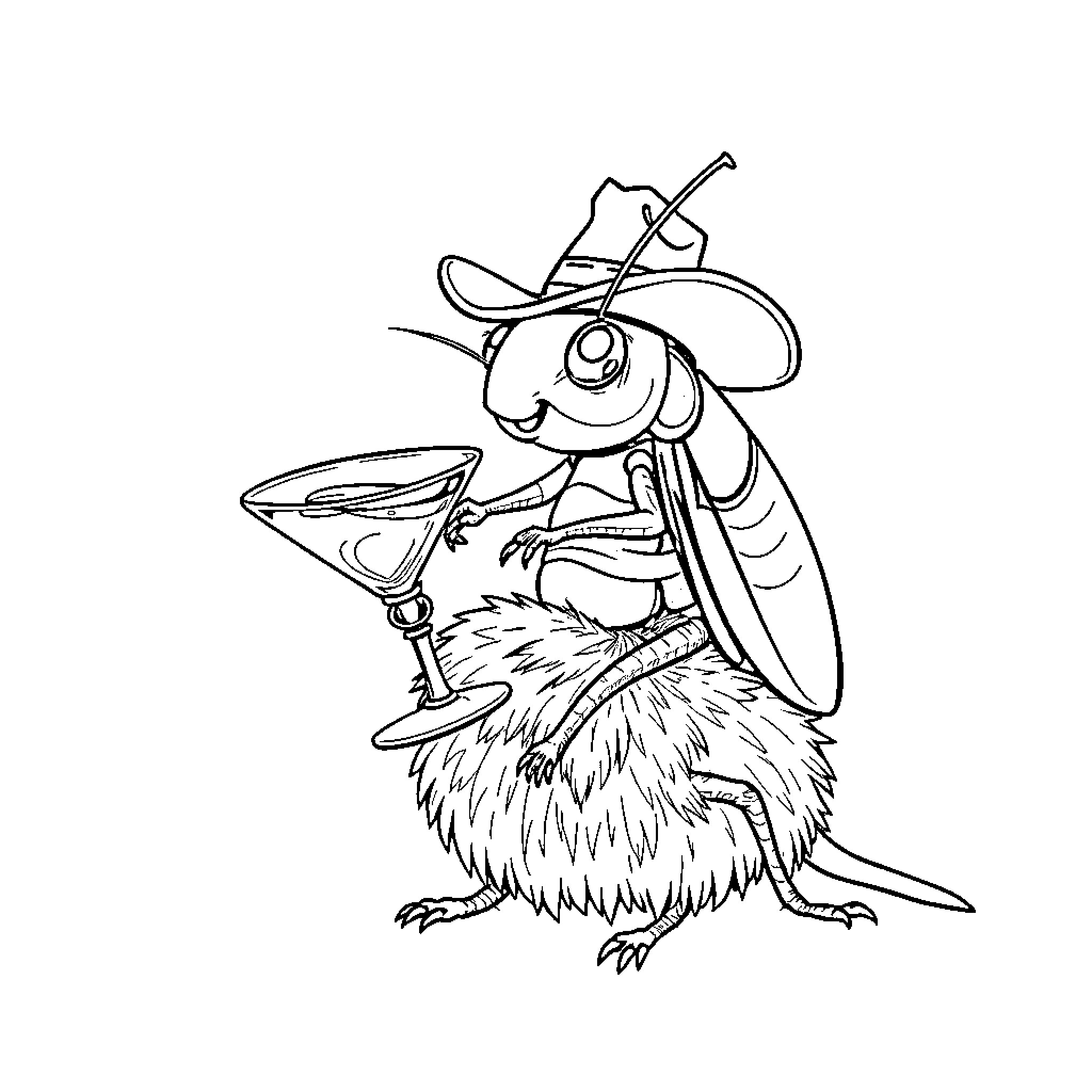 Cockroach enjoying a cocktail in cowboy attire Coloring Page (free black-and-white line drawing printable PDF for all, from beginners to advanced learners, including children, teens, adults, and seniors)