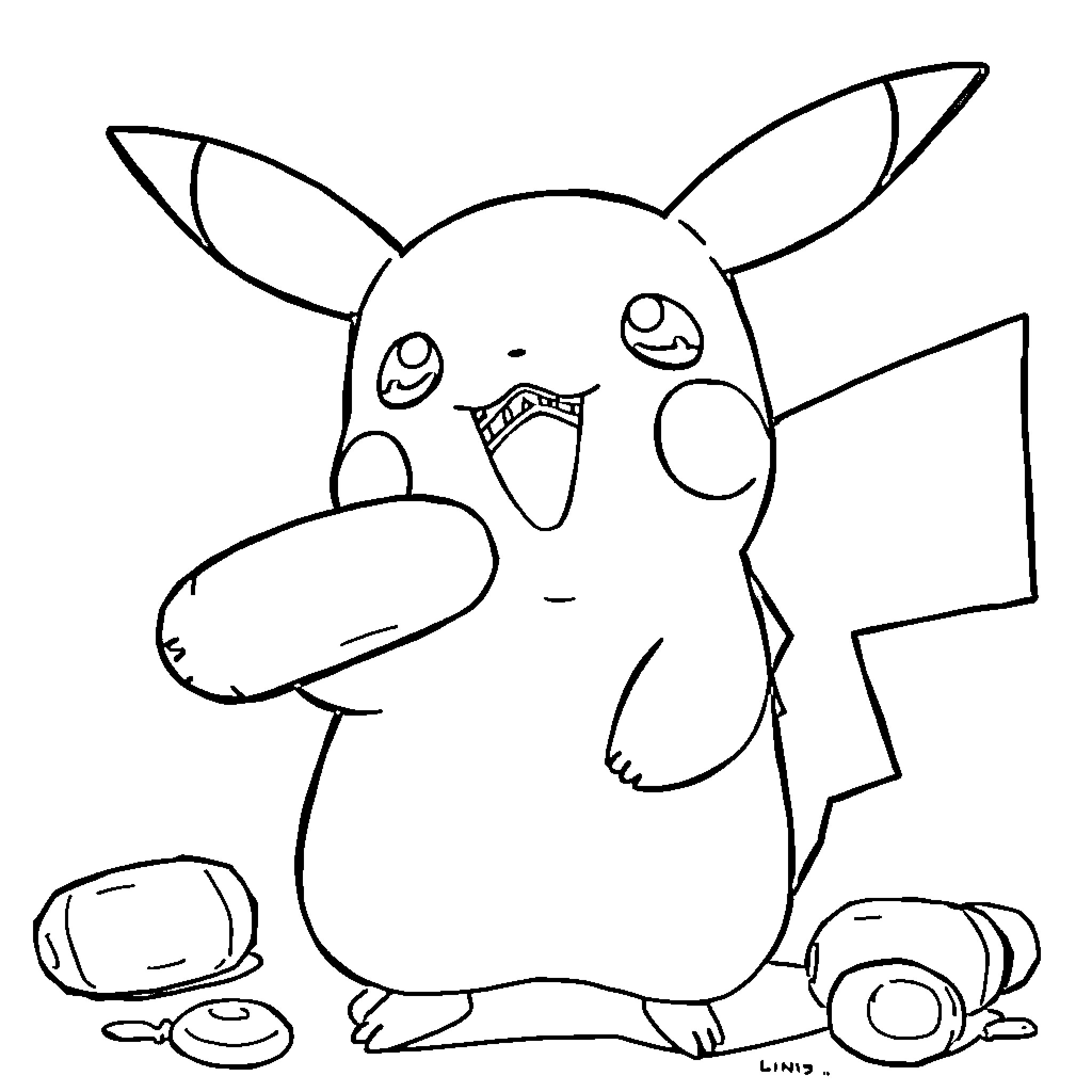 Pikachu making a silly face Coloring Page (free black-and-white line drawing printable PDF for all, from beginners to advanced learners, including children, teens, adults, and seniors)