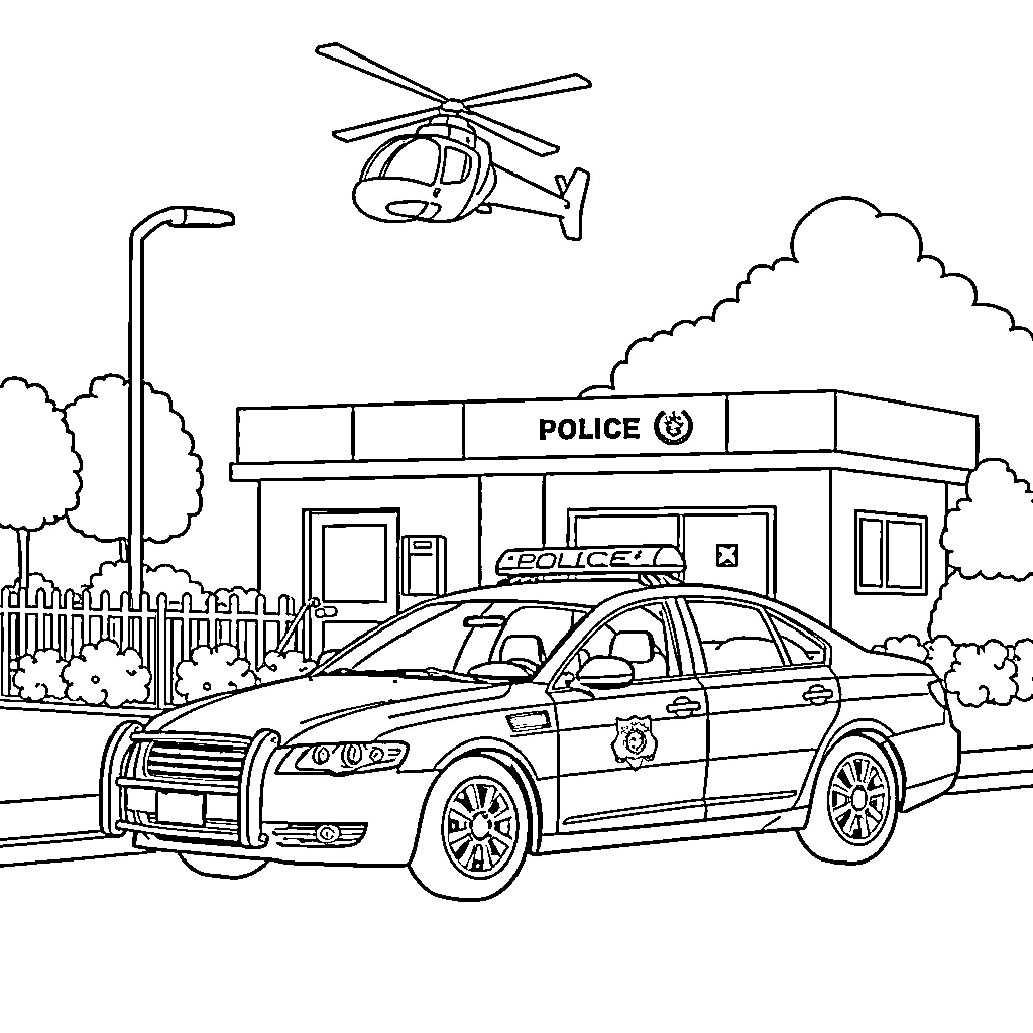 Police officer responding to emergency with helicopter Coloring Page (free black-and-white line drawing printable PDF for all, from beginners to advanced learners, including children, teens, adults, and seniors)