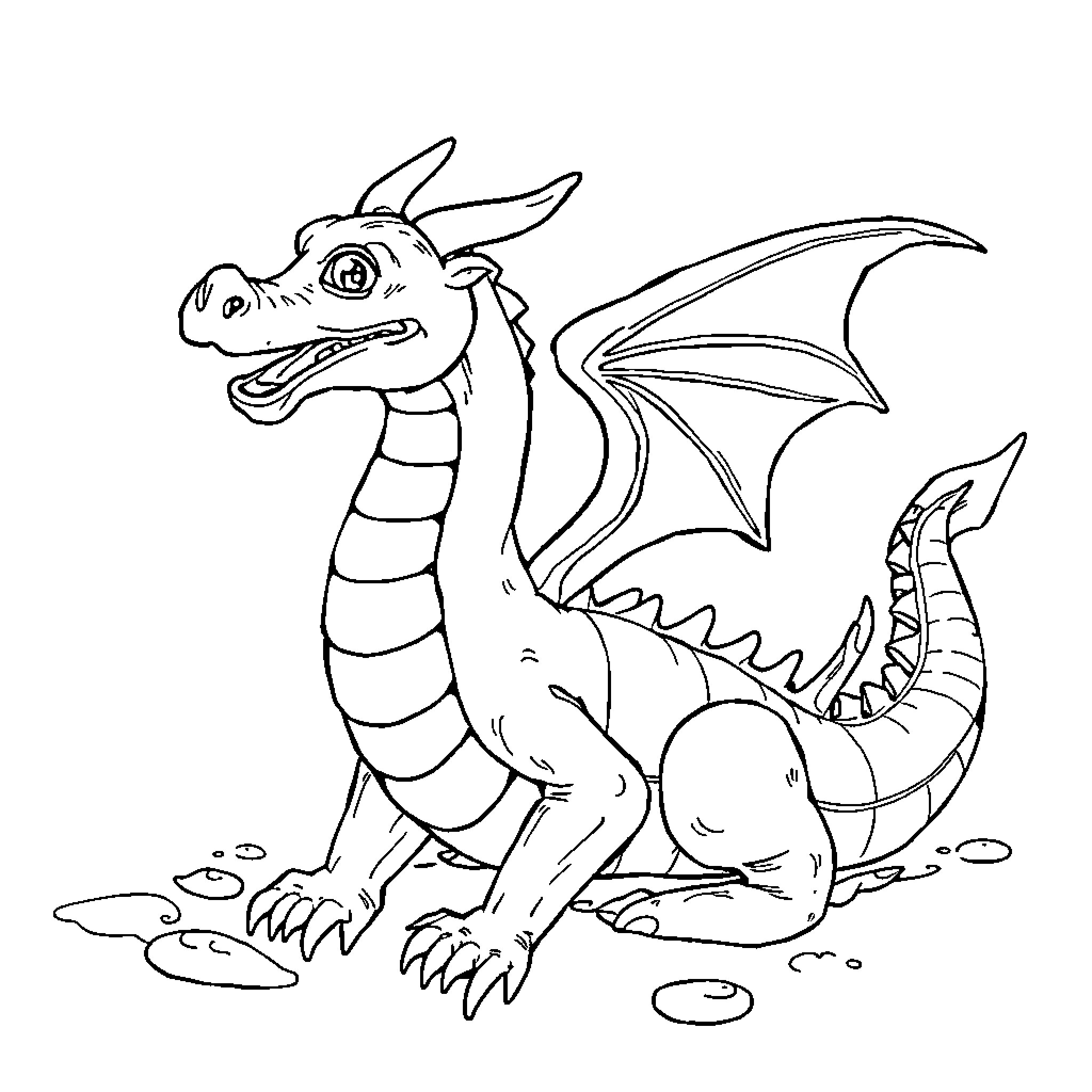 Dragon playfully posing in an outdoor scene Coloring Page (free black-and-white line drawing printable PDF for all, from beginners to advanced learners, including children, teens, adults, and seniors)