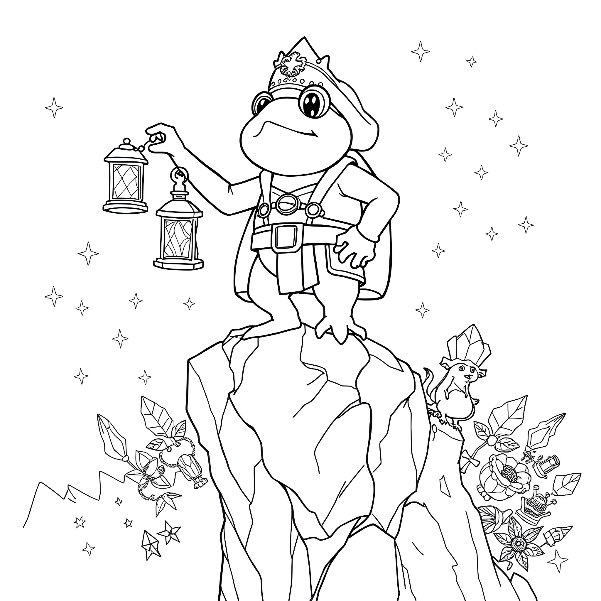 Captain Toad's Adventurous Exploration with Lanterns Coloring Page (free black-and-white line drawing printable PDF for all, from beginners to advanced learners, including children, teens, adults, and seniors)