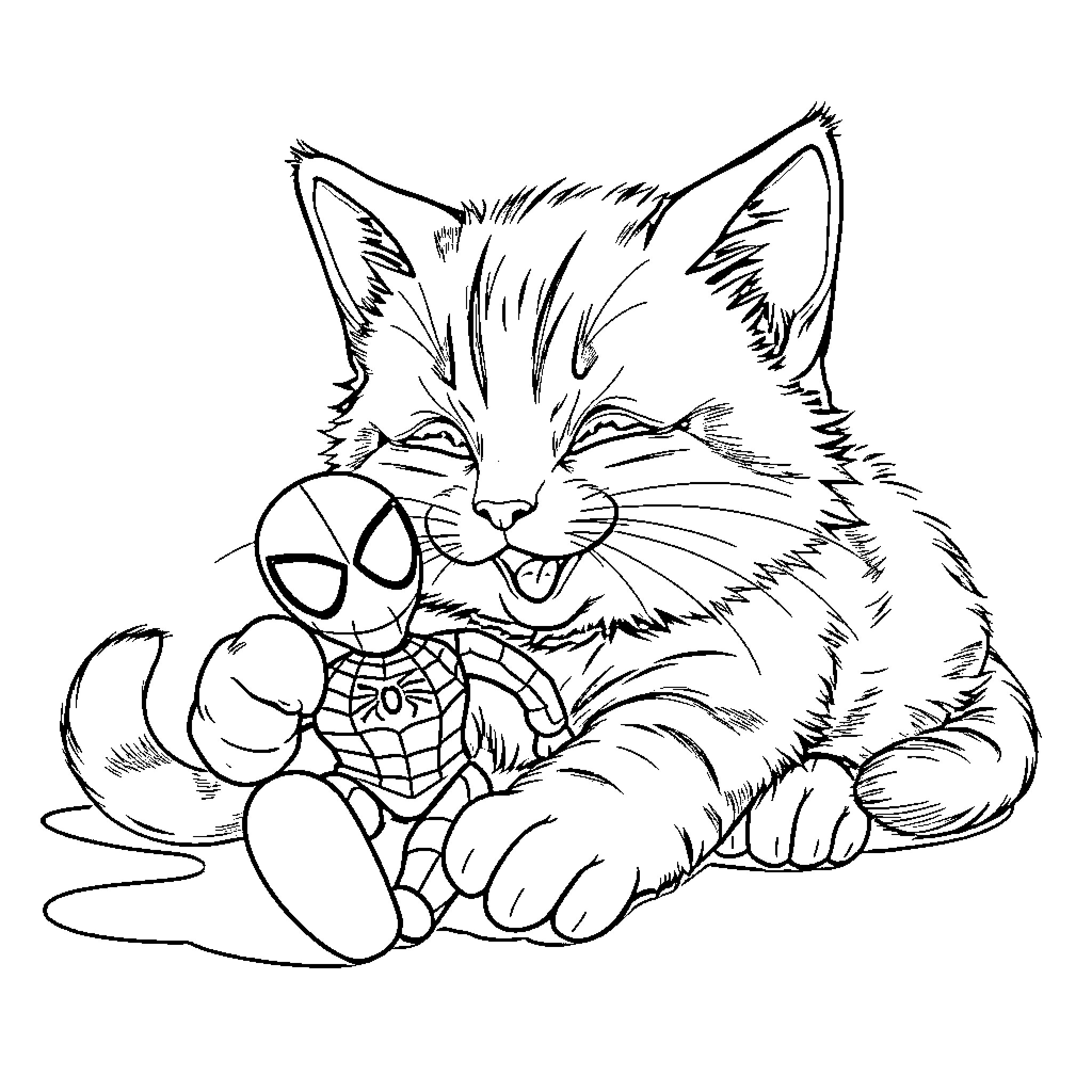 Cat playing with a spider toy Coloring Page (free black-and-white line drawing printable PDF for all, from beginners to advanced learners, including children, teens, adults, and seniors)