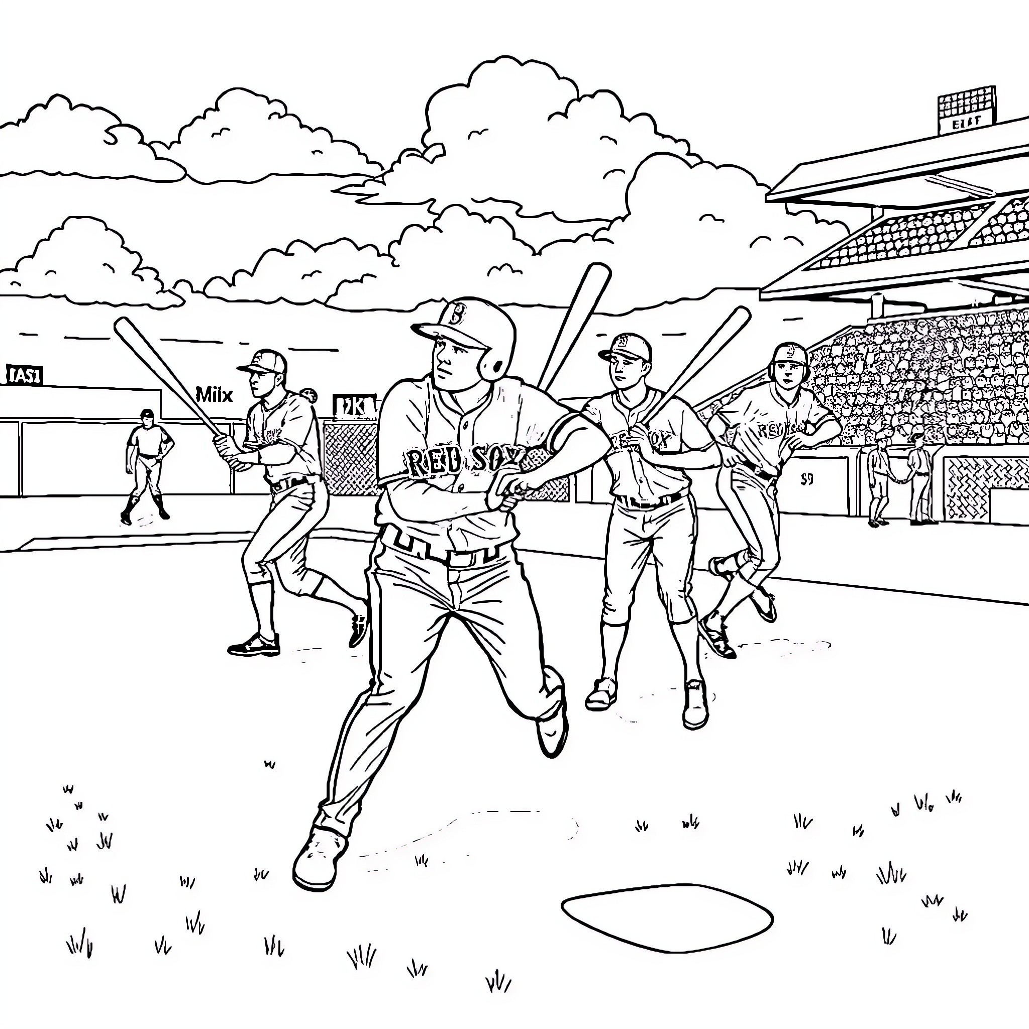 Red Sox Players in an Intense Baseball Game Coloring Page (free black-and-white line drawing printable PDF for all, from beginners to advanced learners, including children, teens, adults, and seniors)