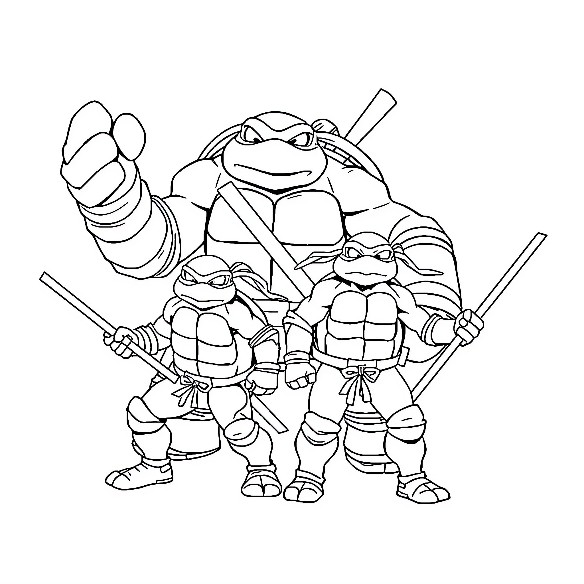 Ninja Turtle heroes in action pose Coloring Page (free black-and-white line drawing printable PDF for all, from beginners to advanced learners, including children, teens, adults, and seniors)