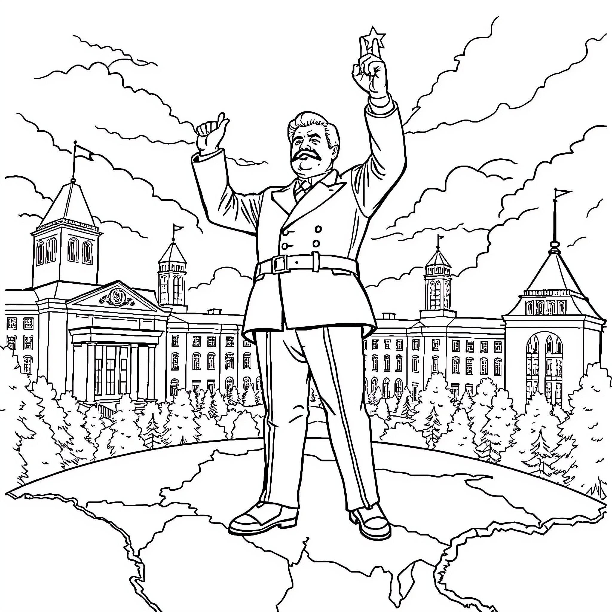 Joseph Stalin leading a rally in front of government buildings Coloring Page (free black-and-white line drawing printable PDF for all, from beginners to advanced learners, including children, teens, adults, and seniors)
