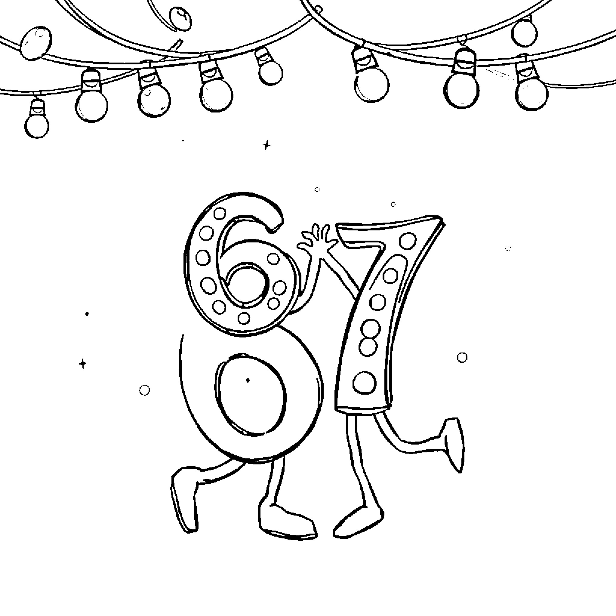 Number Whimsical Characters under String Lights Coloring Page (free black-and-white line drawing printable PDF for all, from beginners to advanced learners, including children, teens, adults, and seniors)