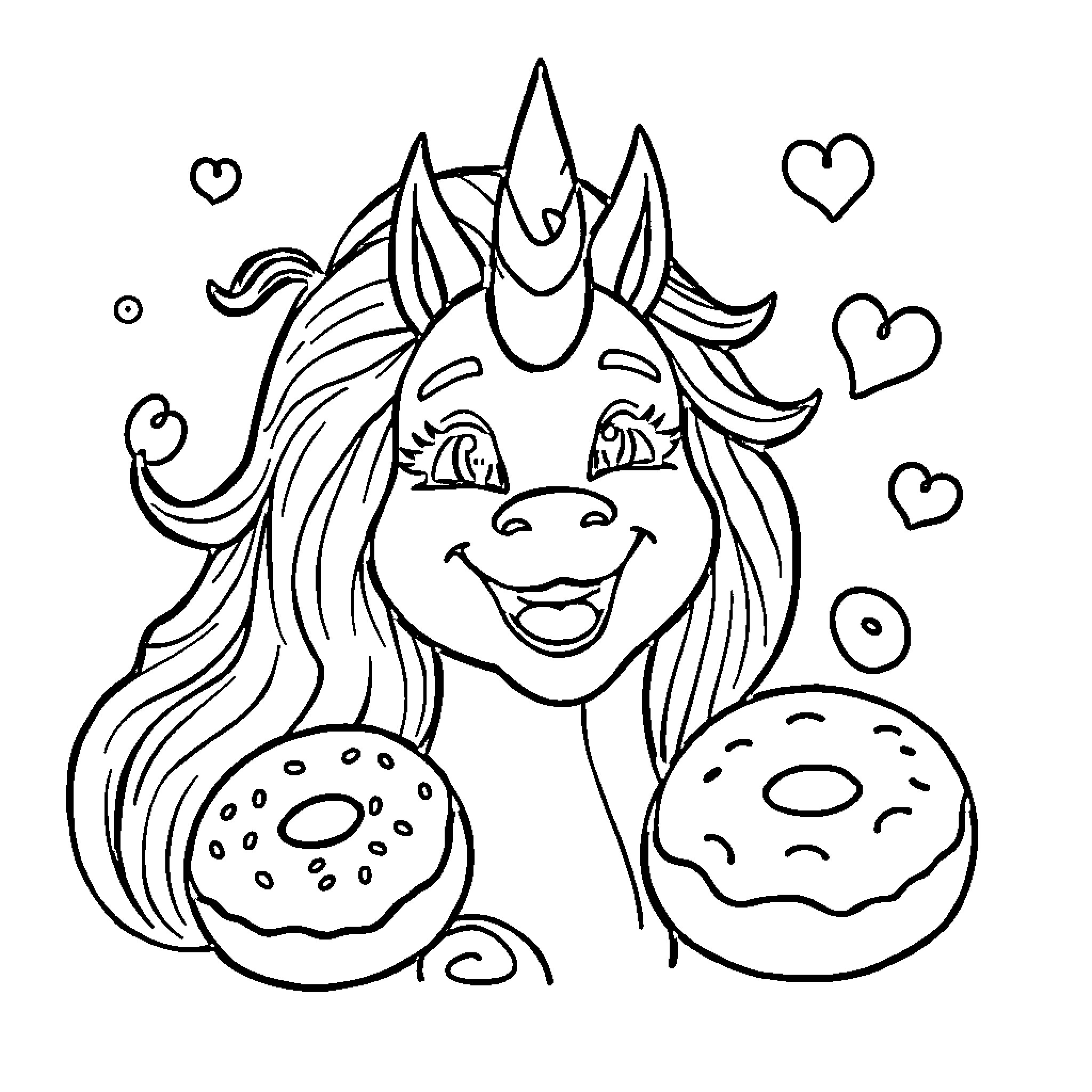 Mermaid enjoying donuts and hearts Coloring Page (free black-and-white line drawing printable PDF for all, from beginners to advanced learners, including children, teens, adults, and seniors)