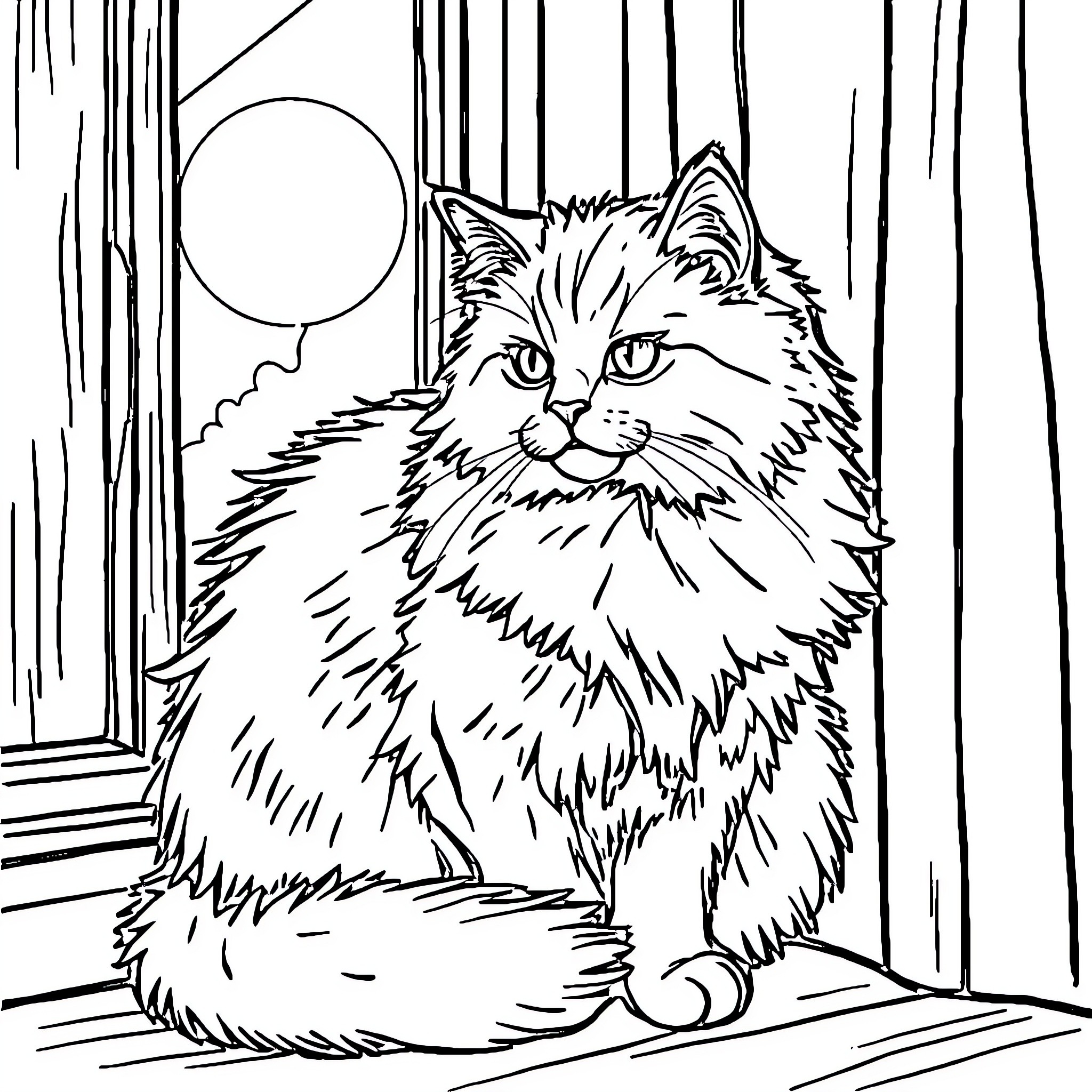 Cat observing the night through a window Coloring Page (free black-and-white line drawing printable PDF for all, from beginners to advanced learners, including children, teens, adults, and seniors)