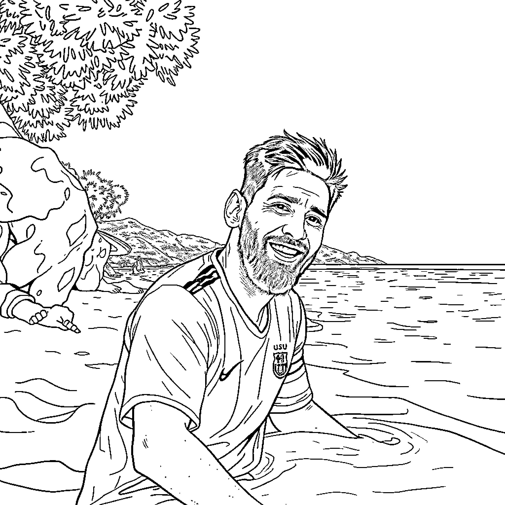 Messi enjoying a day at the beach Coloring Page (free black-and-white line drawing printable PDF for all, from beginners to advanced learners, including children, teens, adults, and seniors)