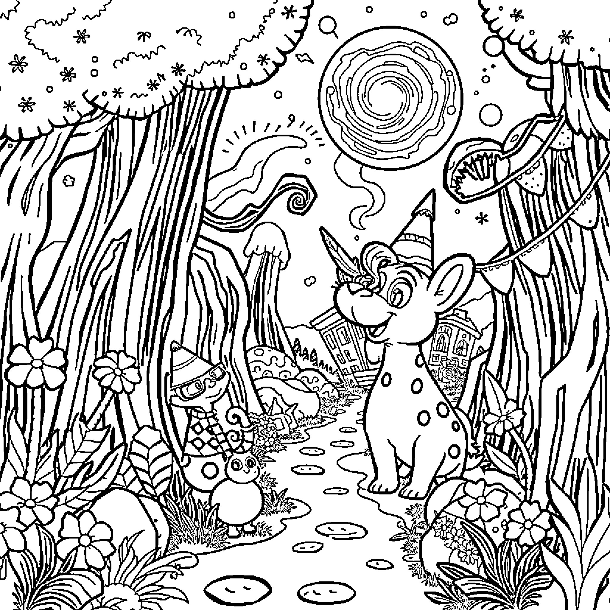 Dandy creatures in a whimsical forest landscape Coloring Page (free black-and-white line drawing printable PDF for all, from beginners to advanced learners, including children, teens, adults, and seniors)