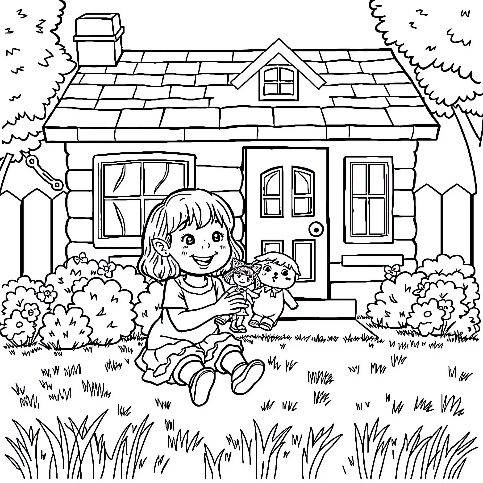 Doll playing happily with pet in front of cozy cottage Coloring Page (free black-and-white line drawing printable PDF for all, from beginners to advanced learners, including children, teens, adults, and seniors)