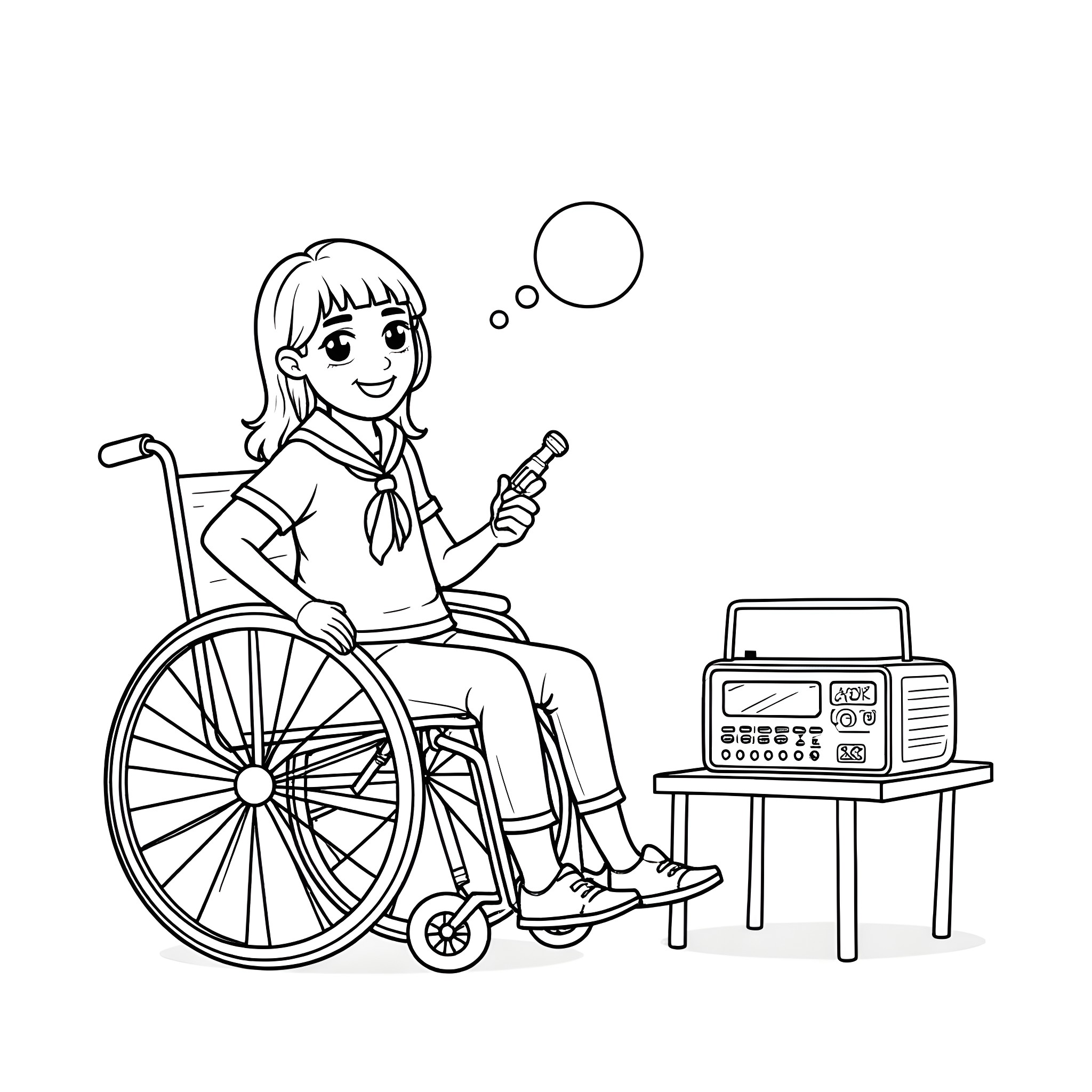 Girl Scout in Wheelchair Listening to Radio Coloring Page (free black-and-white line drawing printable PDF for all, from beginners to advanced learners, including children, teens, adults, and seniors)