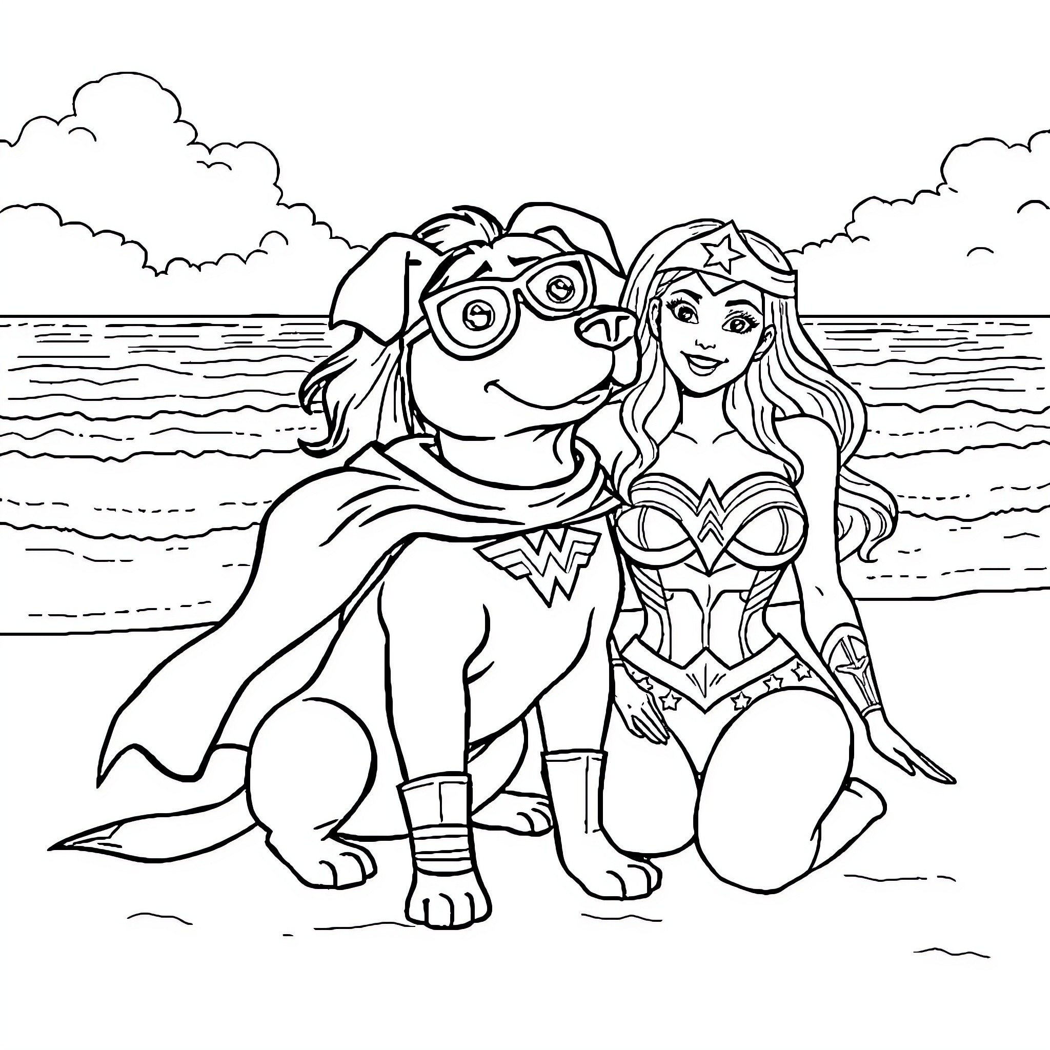 Dog and Superheroine at the Beach Coloring Page (free black-and-white line drawing printable PDF for all, from beginners to advanced learners, including children, teens, adults, and seniors)