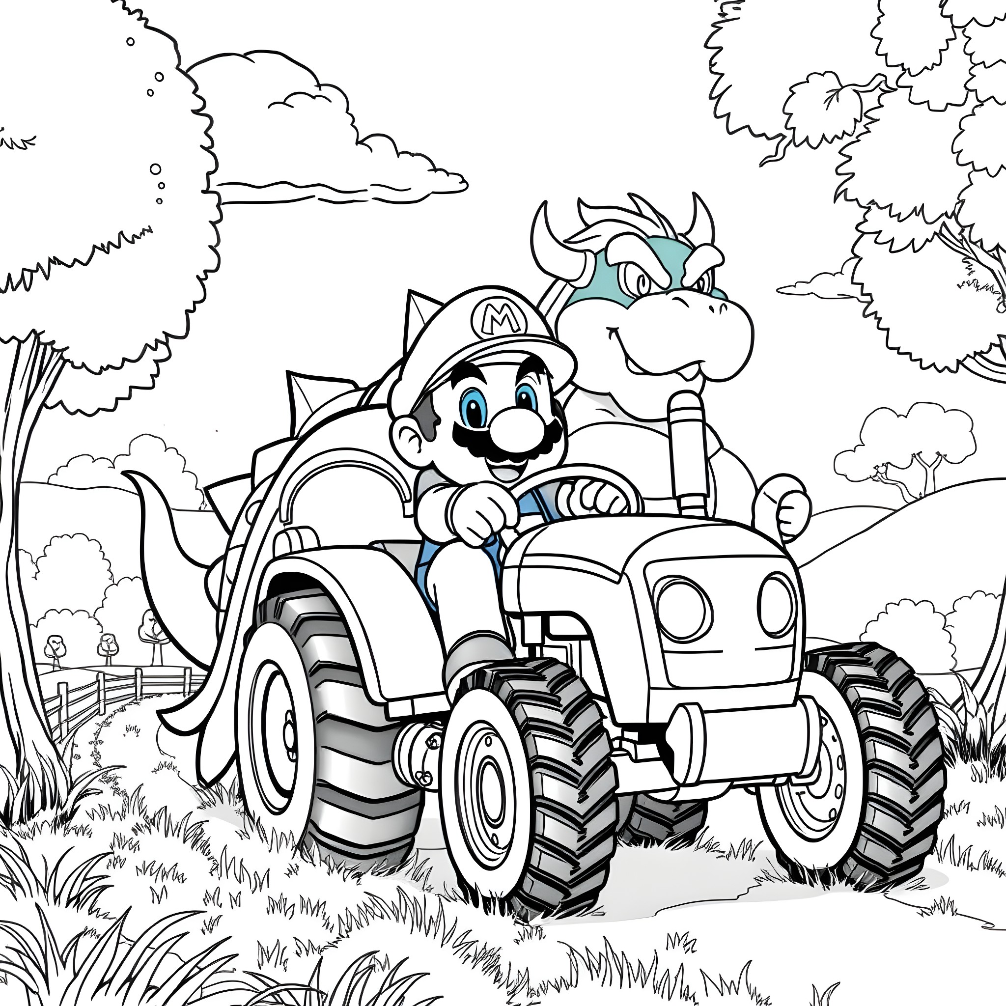 Mario driving tractor with Yoshi in farm landscape Coloring Page (free black-and-white line drawing printable PDF for all, from beginners to advanced learners, including children, teens, adults, and seniors)