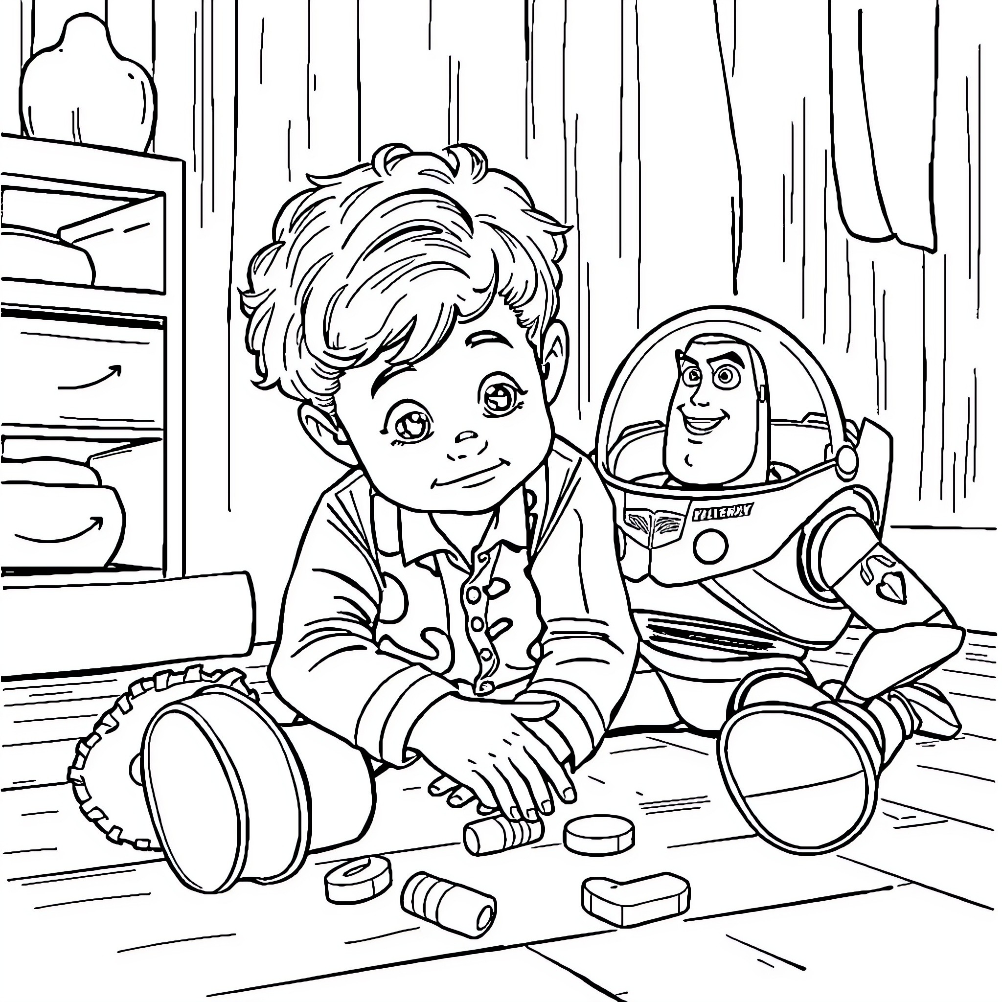 Boy plays with toys in his room Coloring Page (free black-and-white line drawing printable PDF for all, from beginners to advanced learners, including children, teens, adults, and seniors)