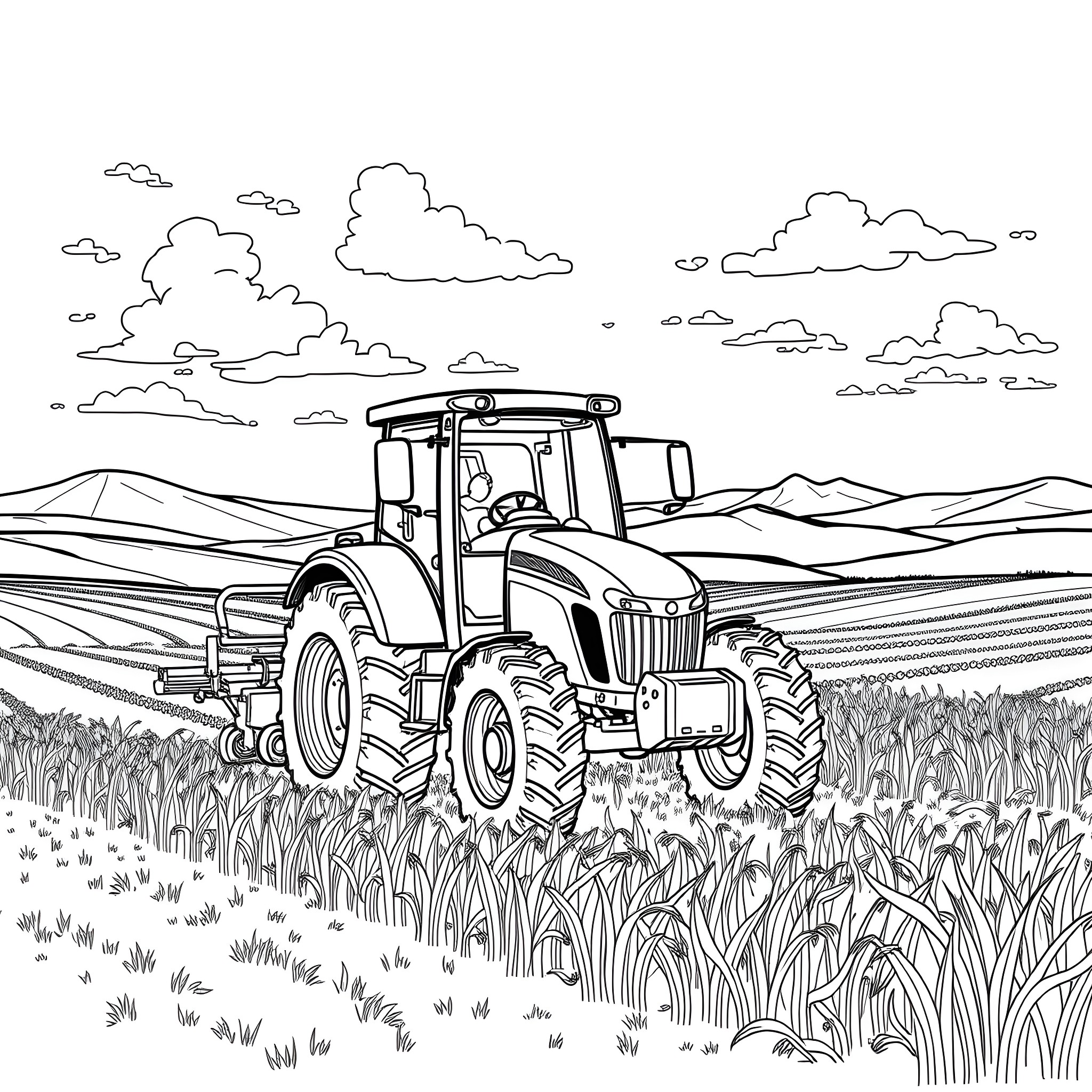 Tractor plowing through field under cloudy sky Coloring Page (free black-and-white line drawing printable PDF for all, from beginners to advanced learners, including children, teens, adults, and seniors)