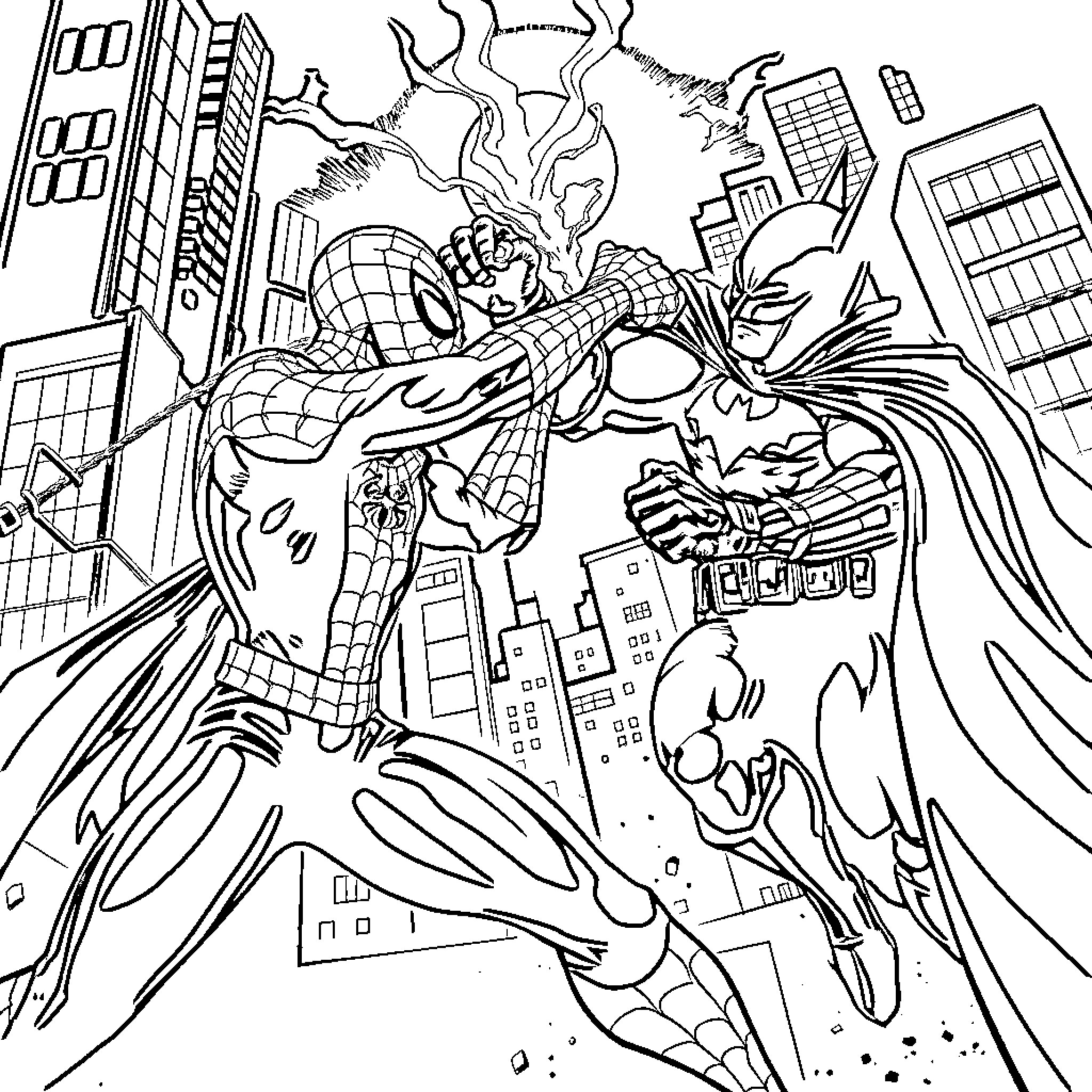 Spiderman battling villains in the cityscape Coloring Page (free black-and-white line drawing printable PDF for all, from beginners to advanced learners, including children, teens, adults, and seniors)
