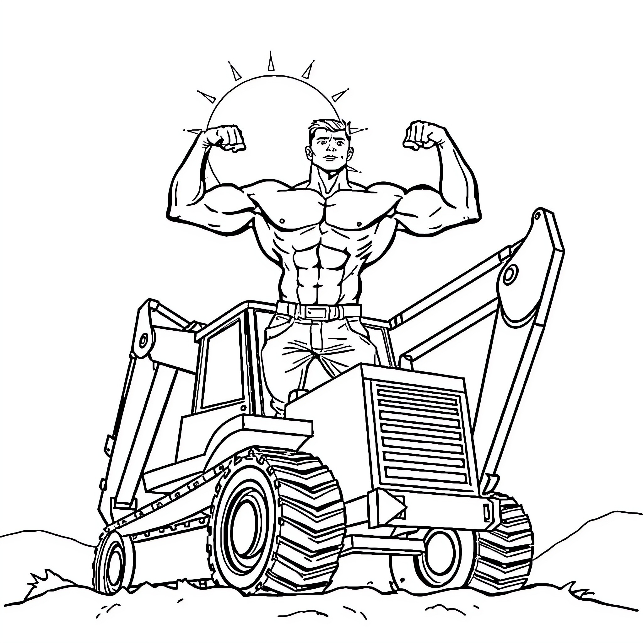 Man flexing muscles atop powerful construction machinery Coloring Page (free black-and-white line drawing printable PDF for all, from beginners to advanced learners, including children, teens, adults, and seniors)