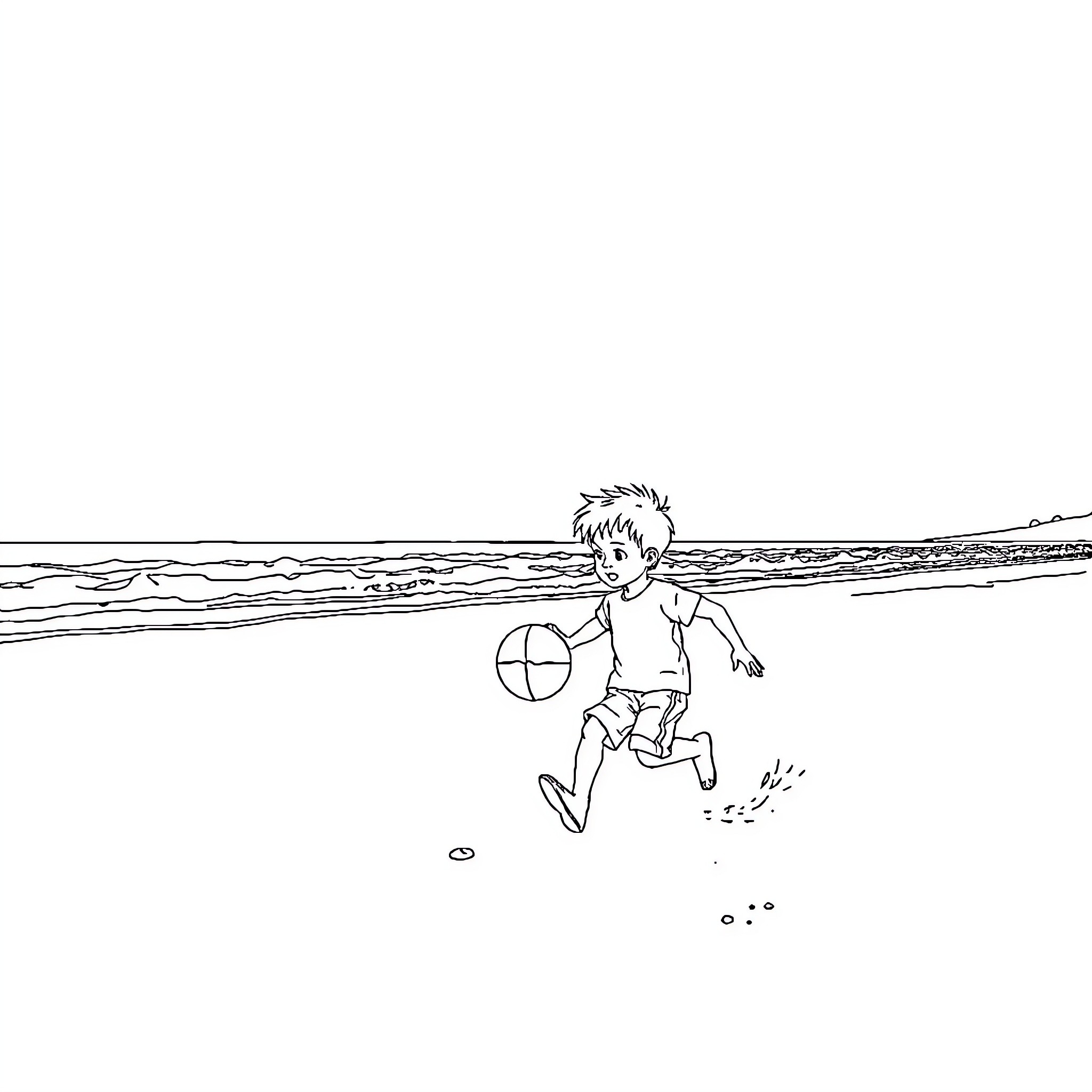 Niño playing joyfully with ball on the beach Coloring Page (free black-and-white line drawing printable PDF for all, from beginners to advanced learners, including children, teens, adults, and seniors)