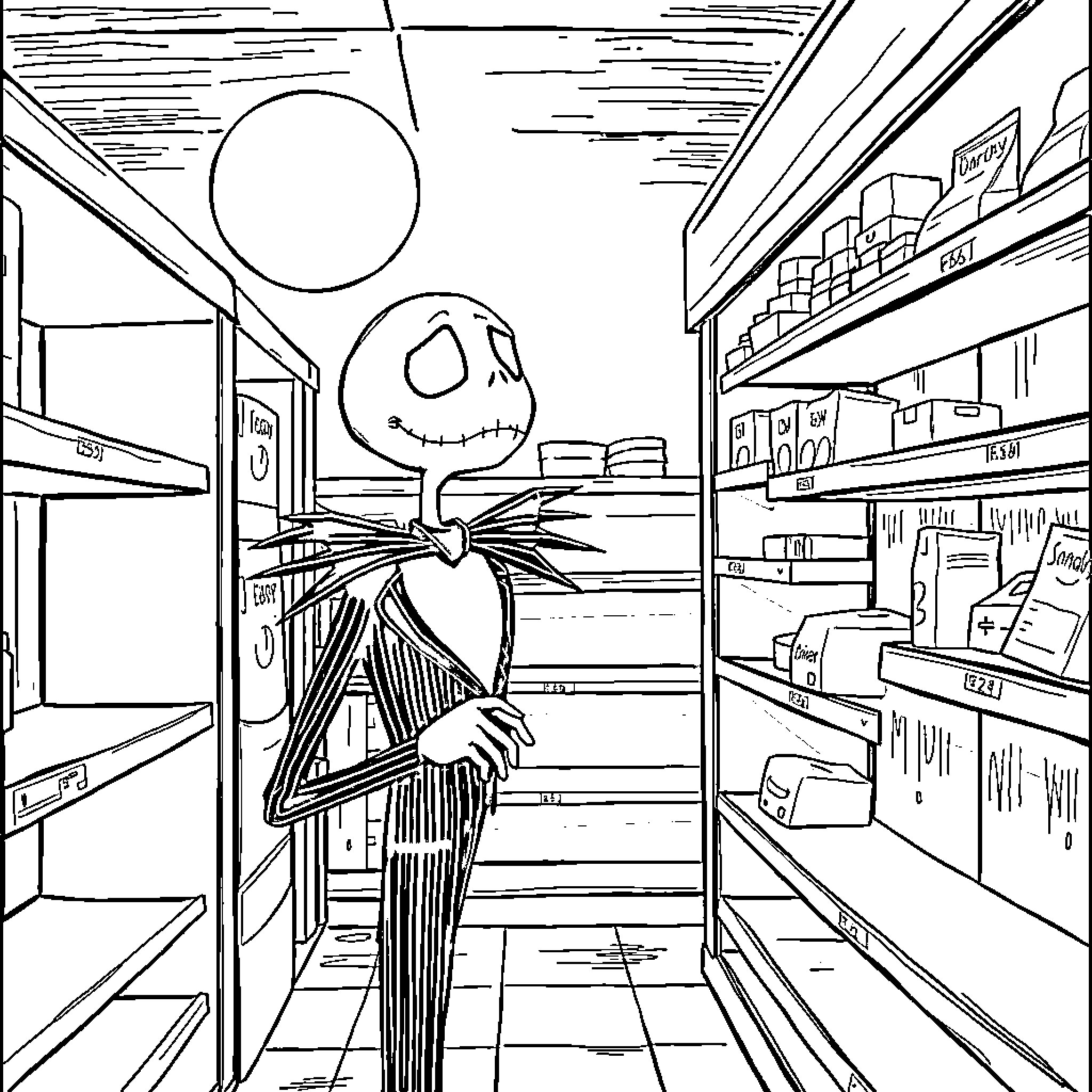 Jack Skellington exploring a dark, eerie grocery store Coloring Page (free black-and-white line drawing printable PDF for all, from beginners to advanced learners, including children, teens, adults, and seniors)