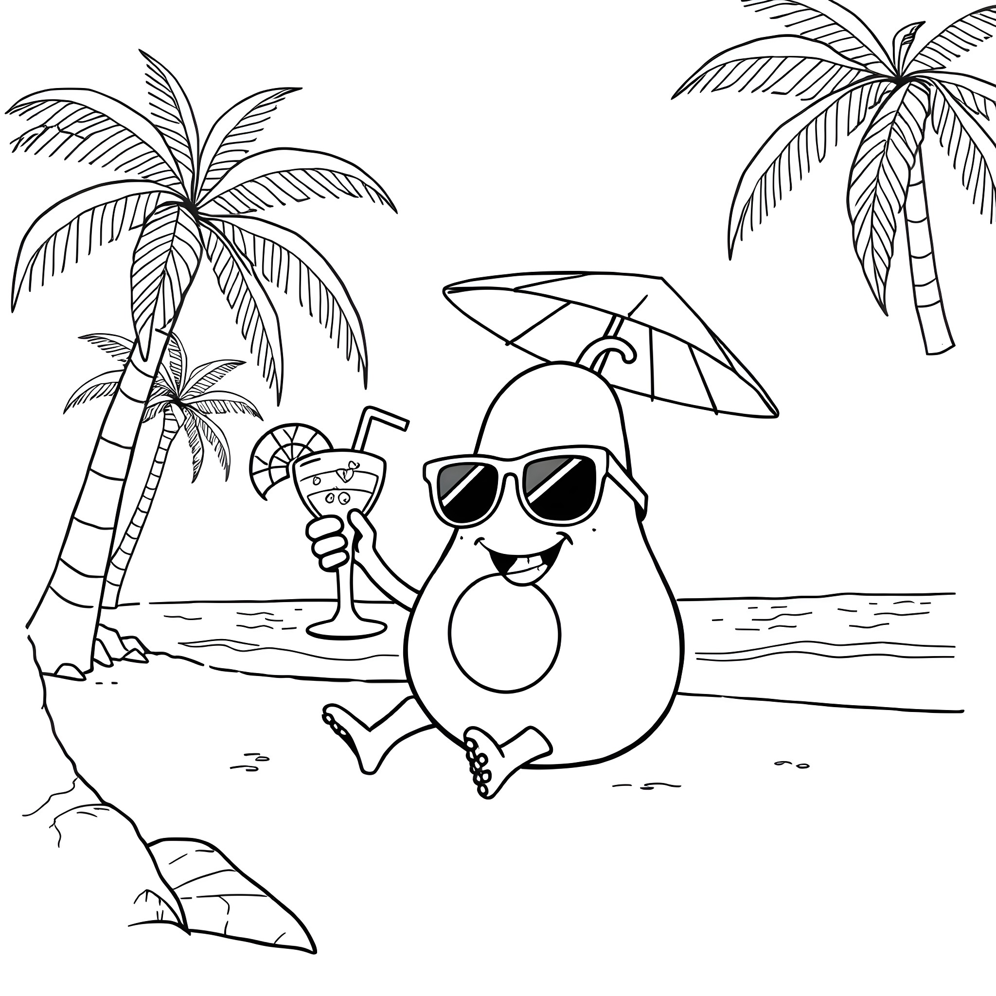 Avocado enjoying a tropical vacation on the beach Coloring Page (free black-and-white line drawing printable PDF for all, from beginners to advanced learners, including children, teens, adults, and seniors)