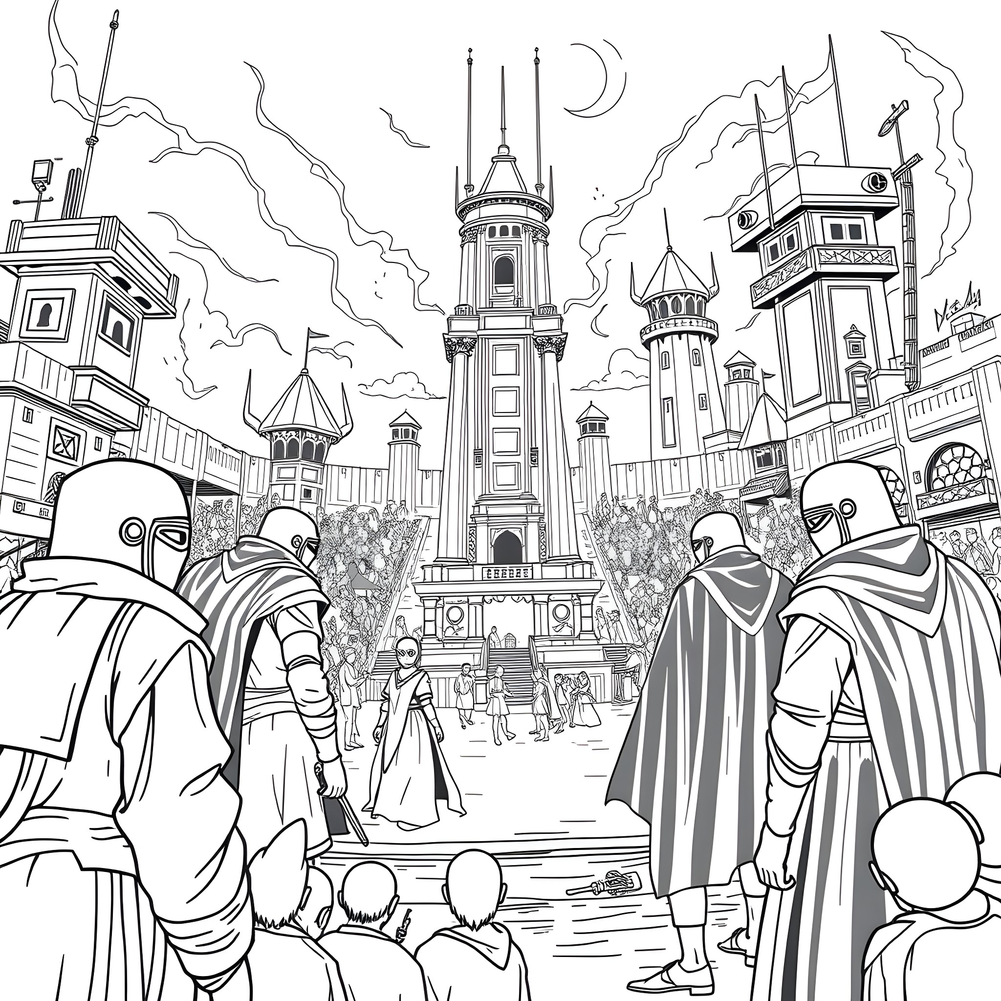 Squid Game - Iconic Dystopian Setting and Contestants Coloring Page (free black-and-white line drawing printable PDF for all, from beginners to advanced learners, including children, teens, adults, and seniors)