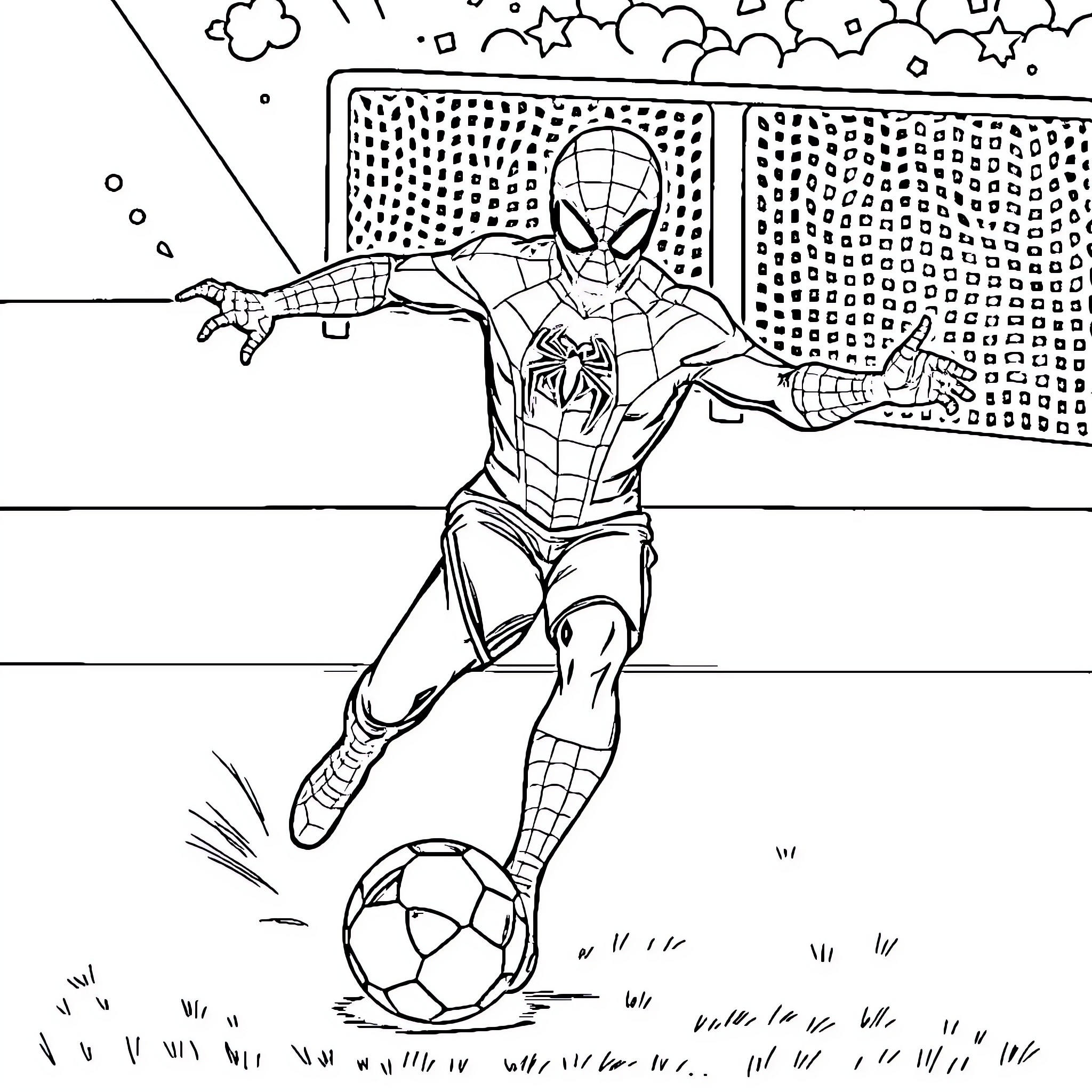 Spiderman playing with a soccer ball Coloring Page (free black-and-white line drawing printable PDF for all, from beginners to advanced learners, including children, teens, adults, and seniors)