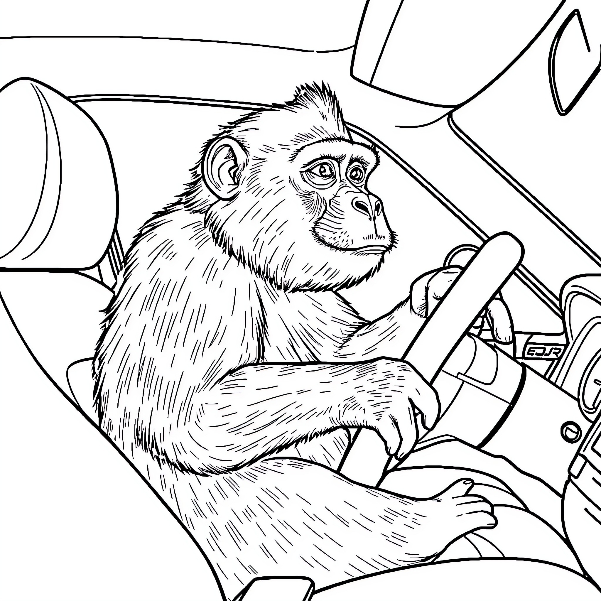 Gorilla driving a car in a whimsical scene Coloring Page (free black-and-white line drawing printable PDF for all, from beginners to advanced learners, including children, teens, adults, and seniors)