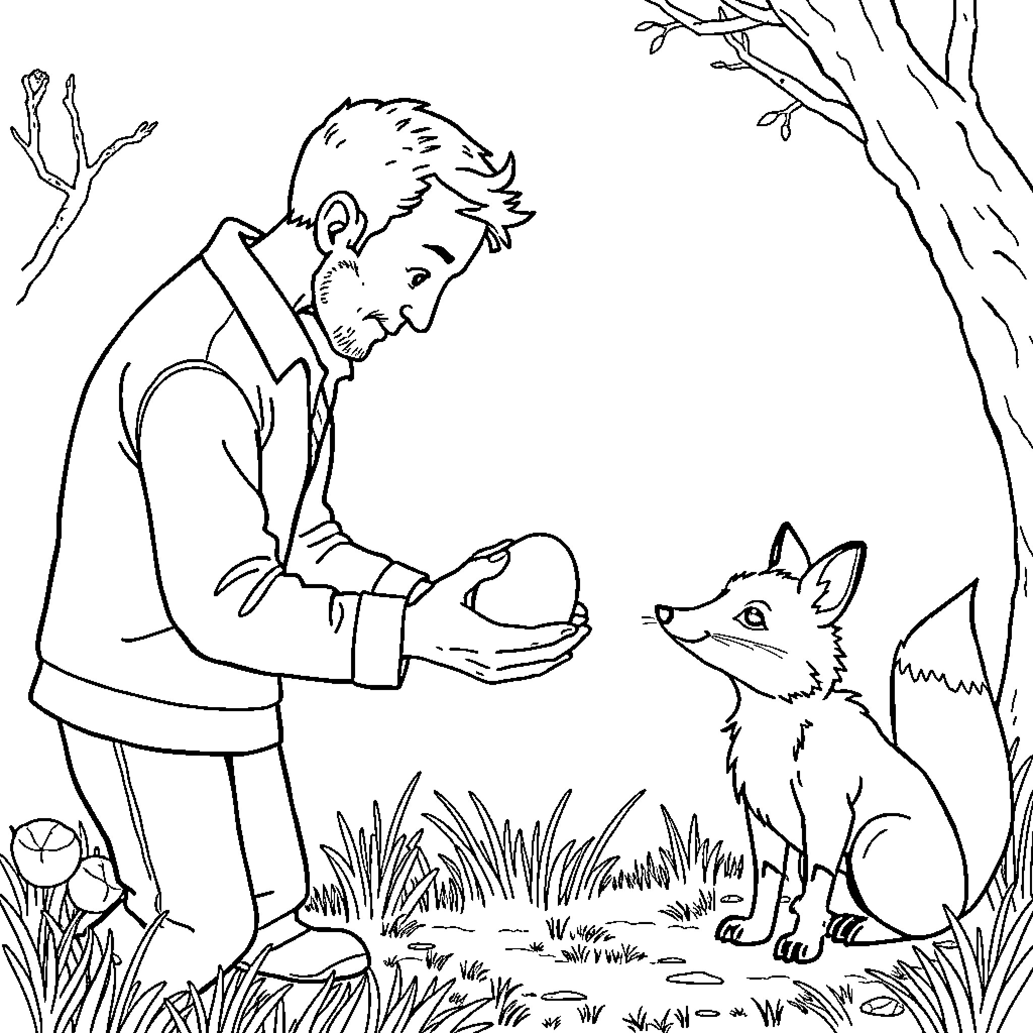 Man feeding a wild fox in the forest Coloring Page (free black-and-white line drawing printable PDF for all, from beginners to advanced learners, including children, teens, adults, and seniors)